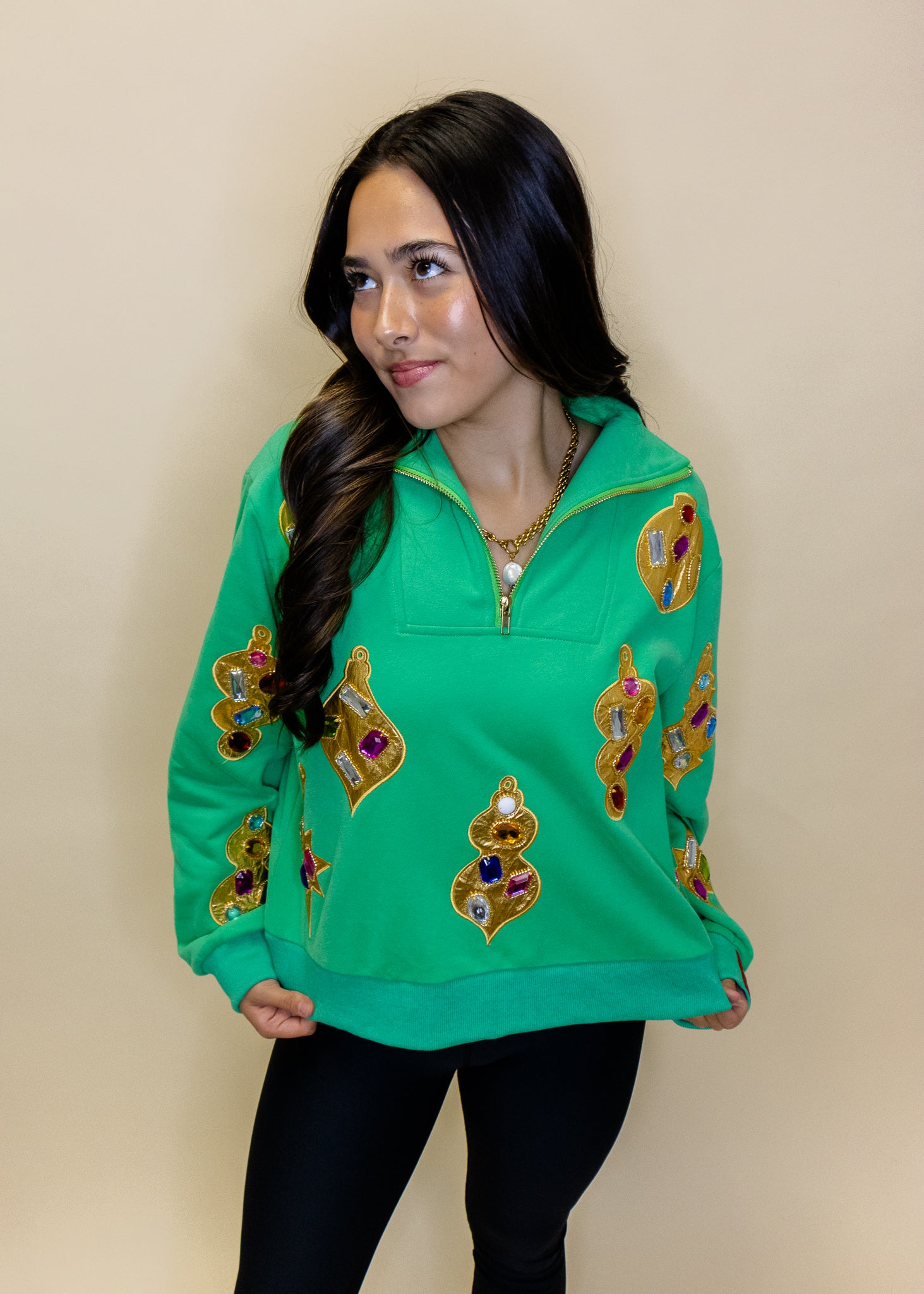 Green & Gold Jeweled Ornament Collar Sweatshirt
