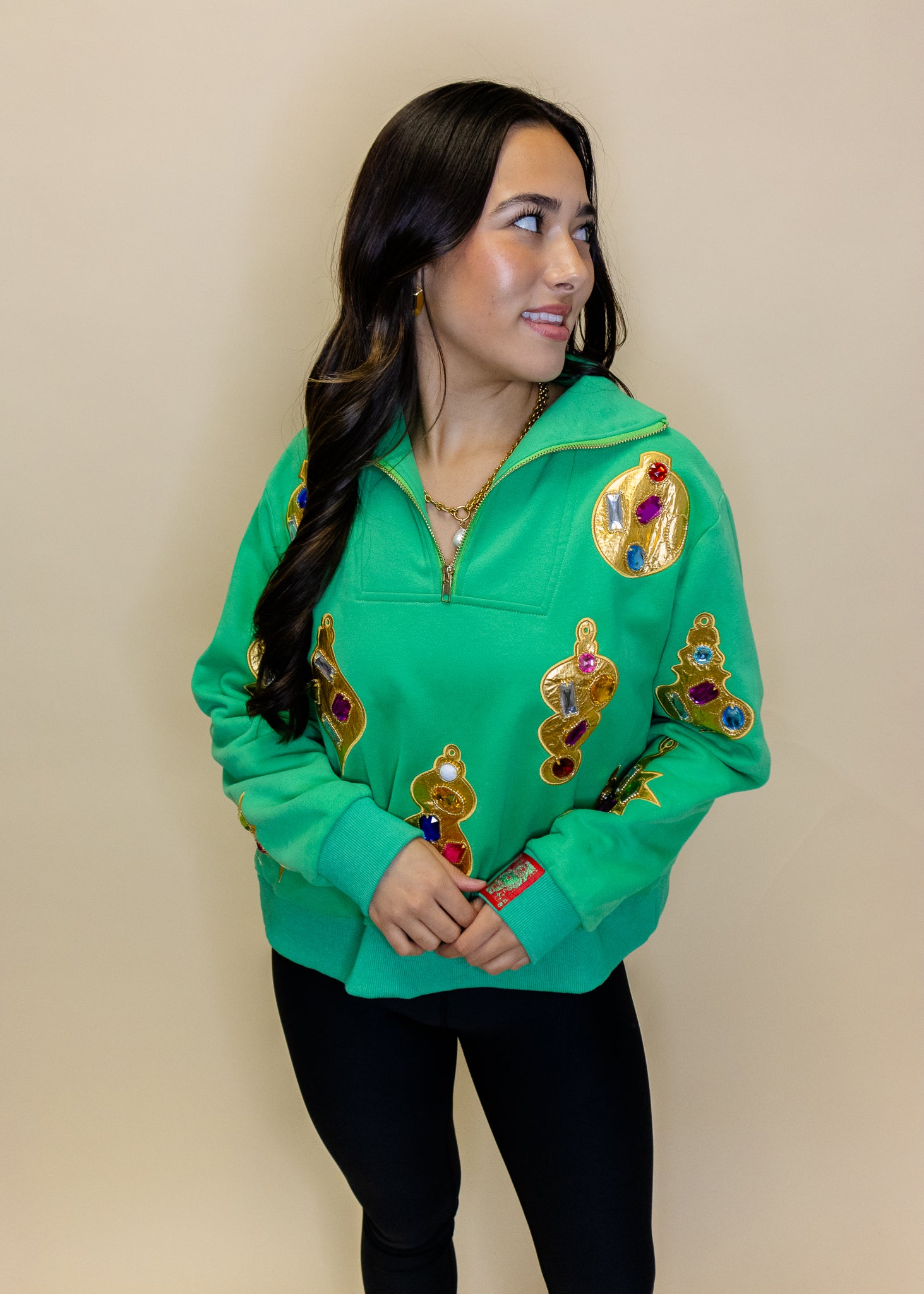 Green & Gold Jeweled Ornament Collar Sweatshirt