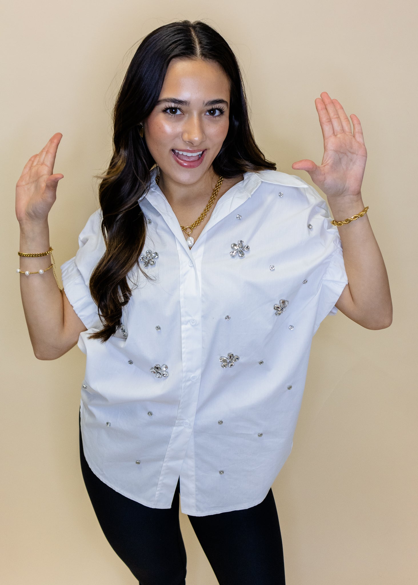 White Poplin Rhinestone Top