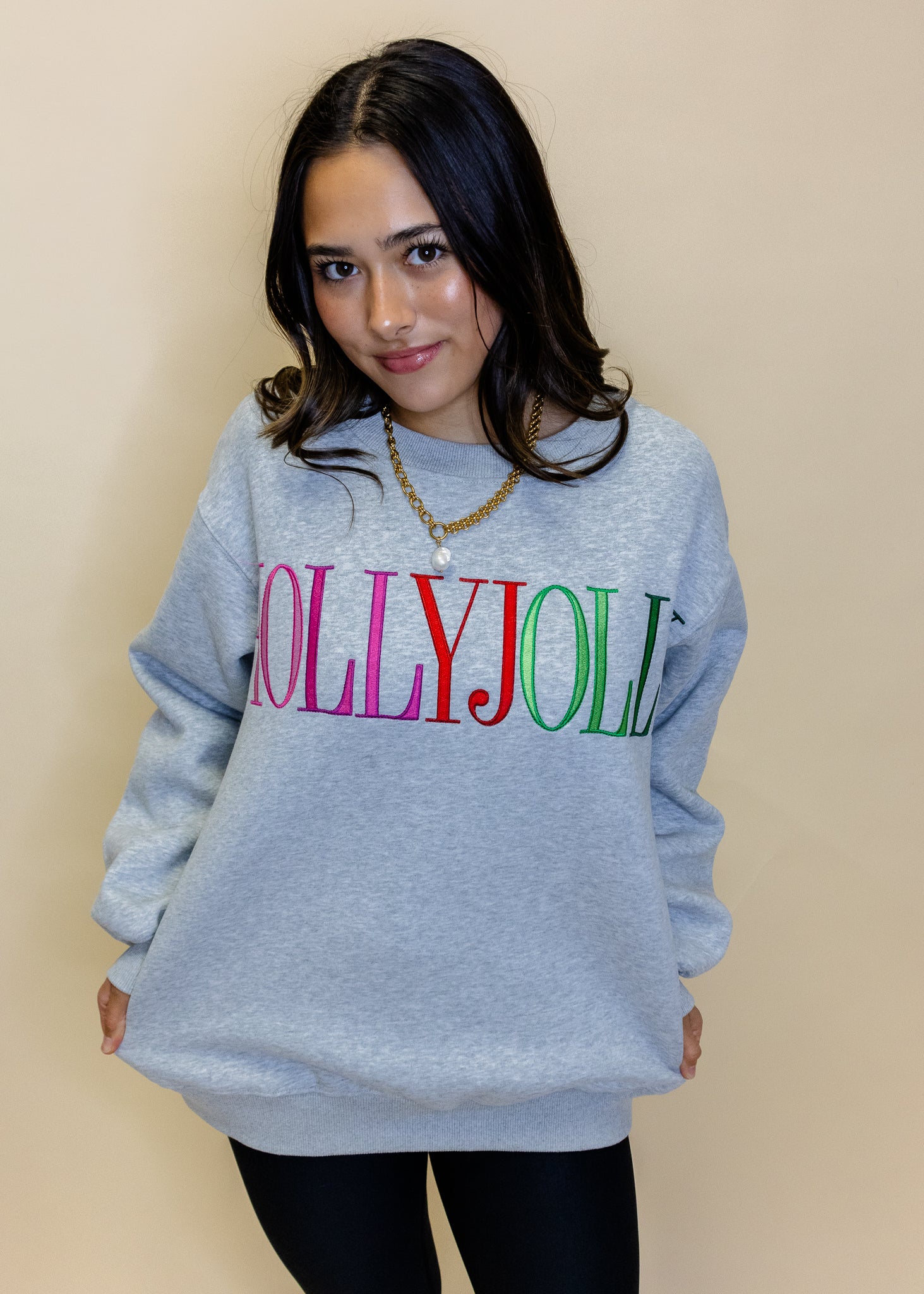 Grey Holly Jolly Embroidered Sweatshirt