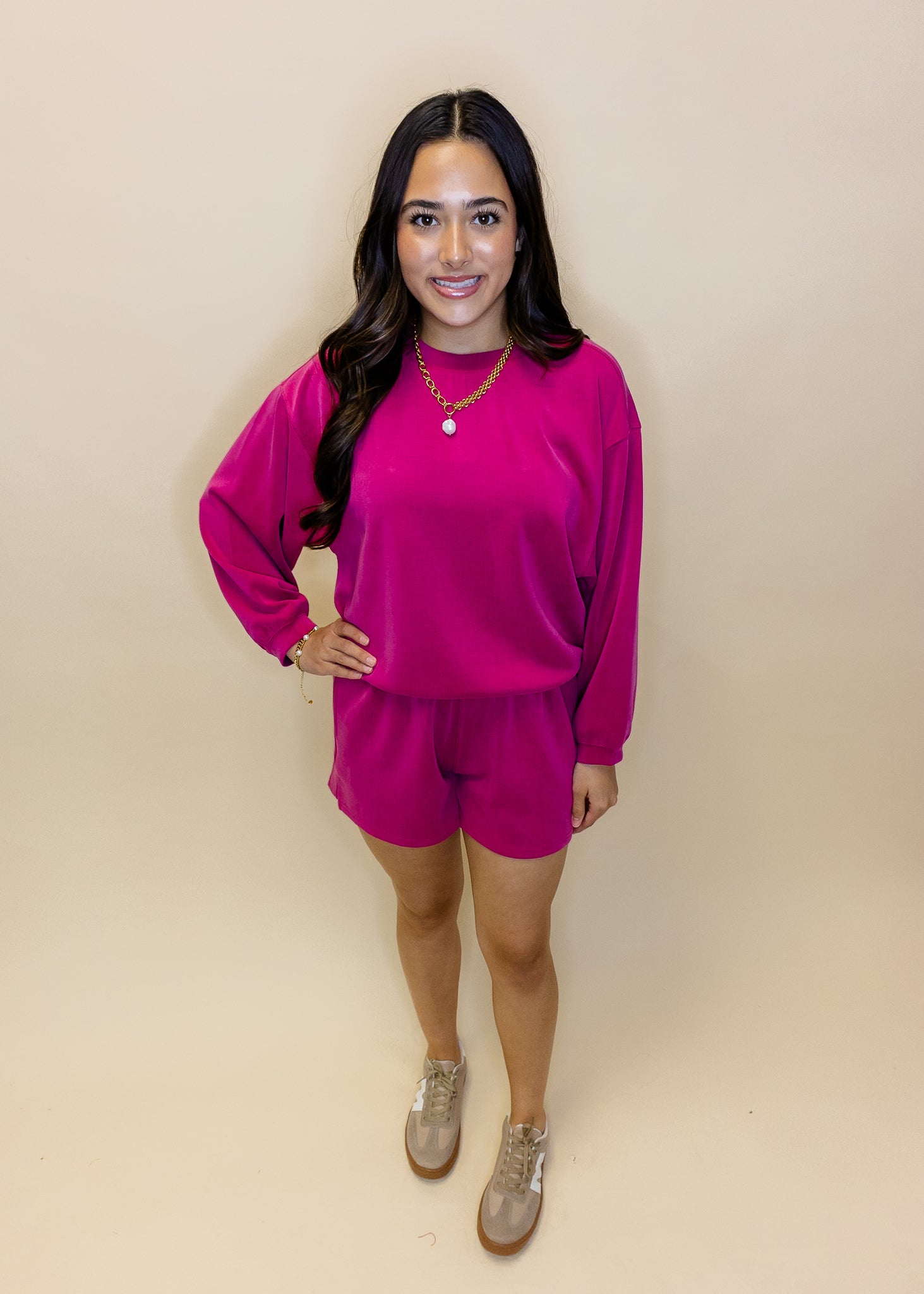 Fuchsia Sweatshirt Shorts Set
