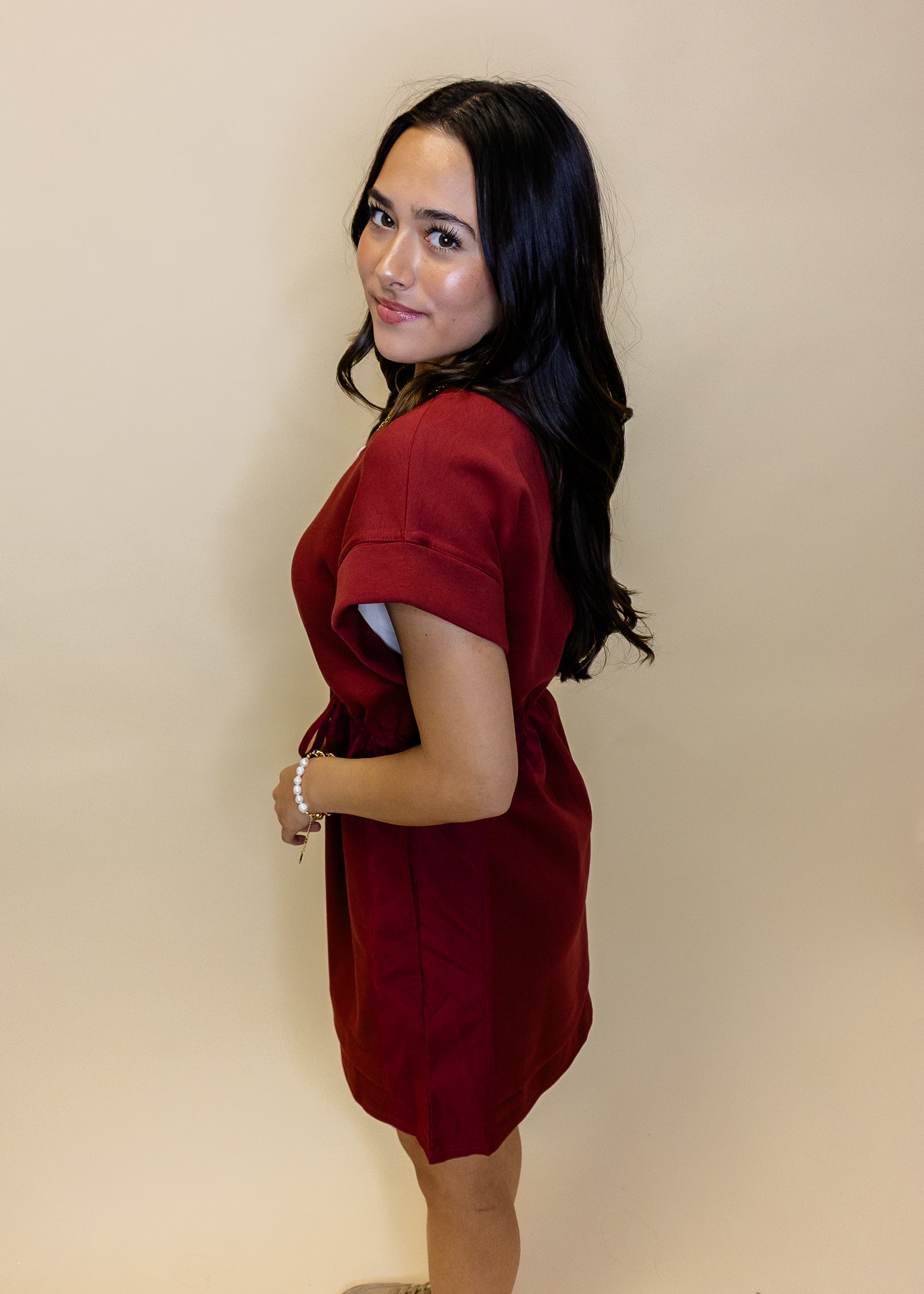 Burgundy Drawstring Pocket Dress