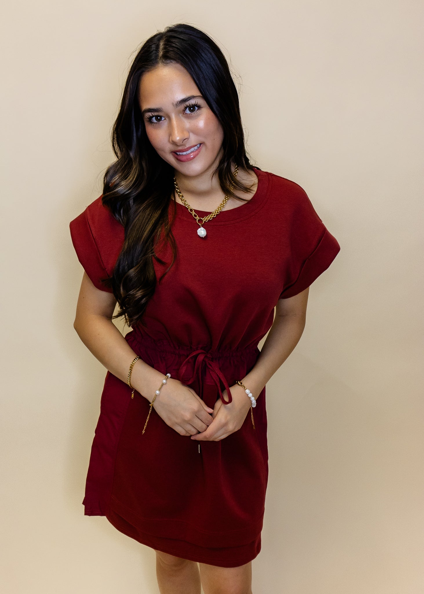 Burgundy Drawstring Pocket Dress