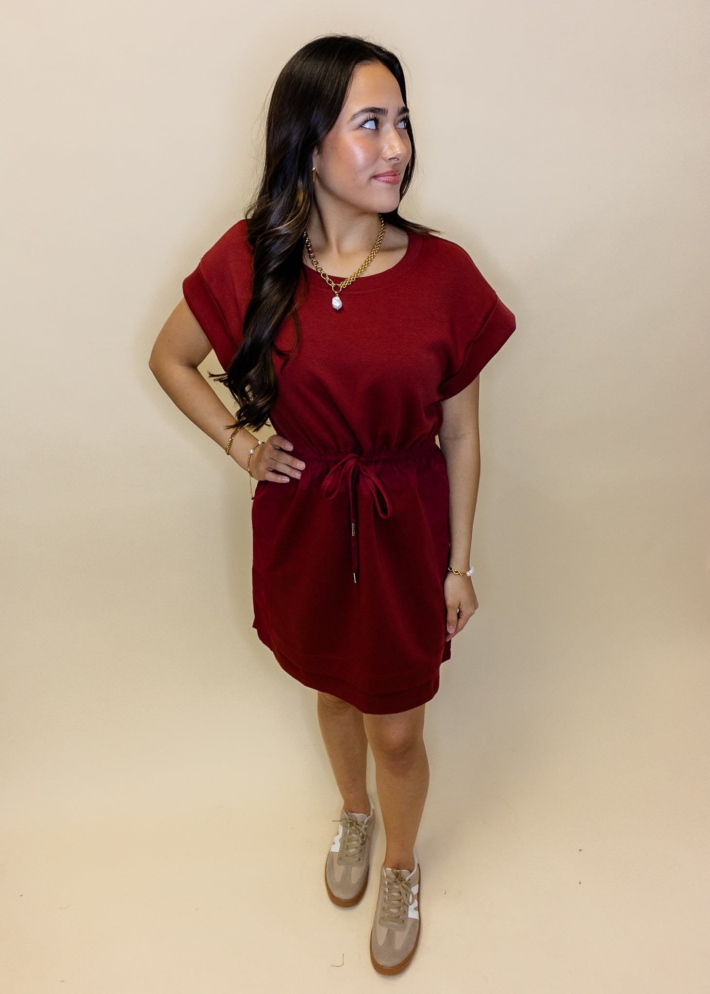 Burgundy Drawstring Pocket Dress