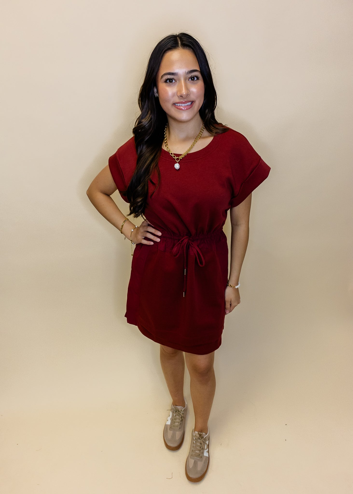 Burgundy Drawstring Pocket Dress