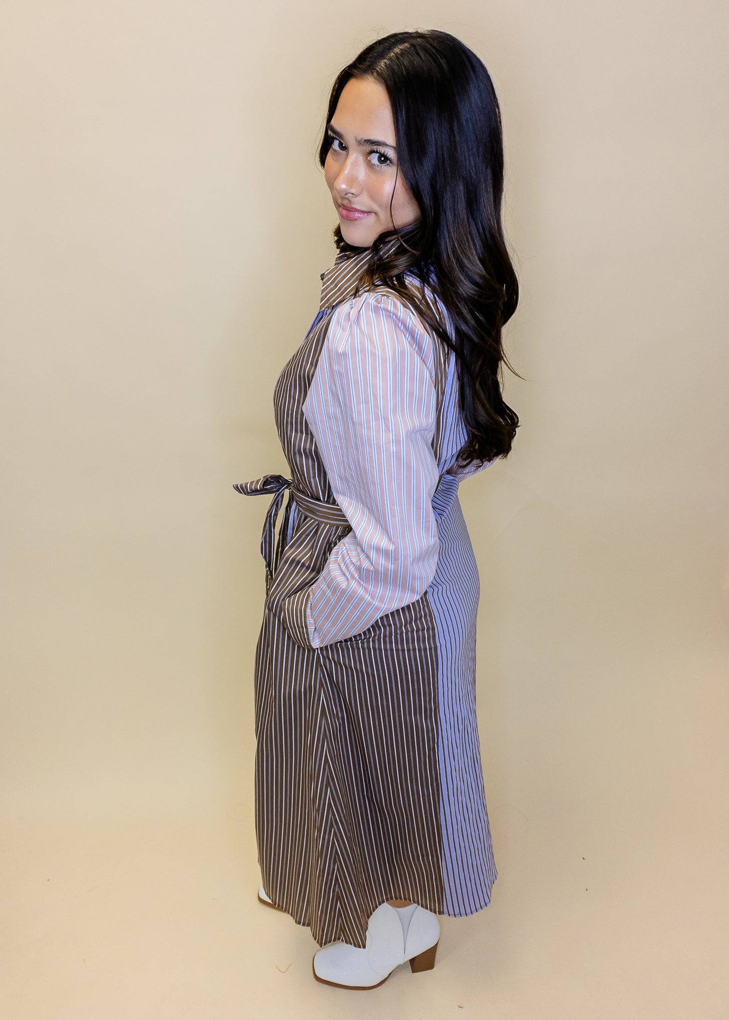 Brown & Blue Striped Midi Dress