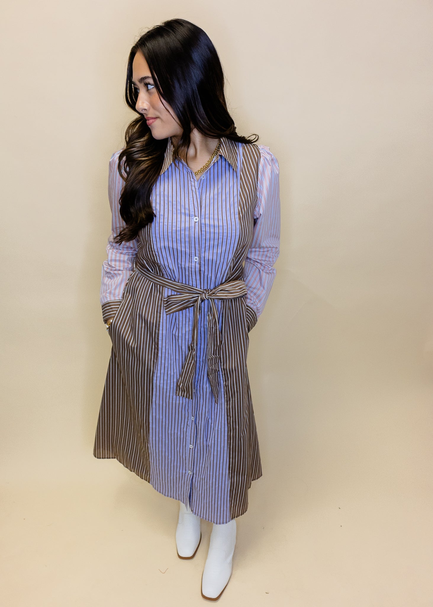 Brown & Blue Striped Midi Dress