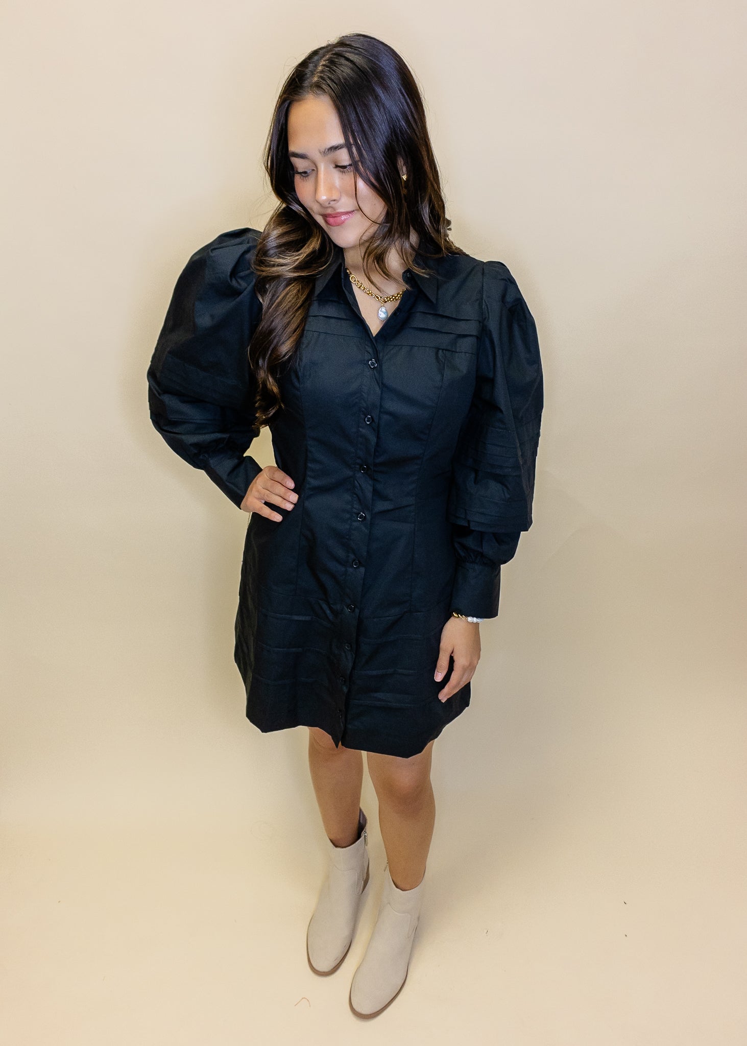 Black Pintuck Button Dress