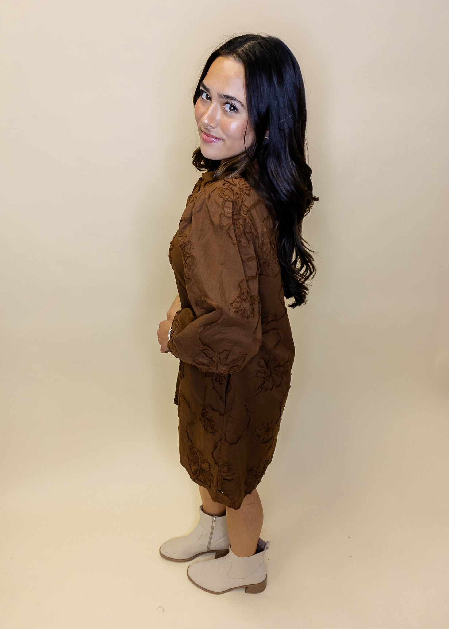 Brown Floral Embroidered Button Dress