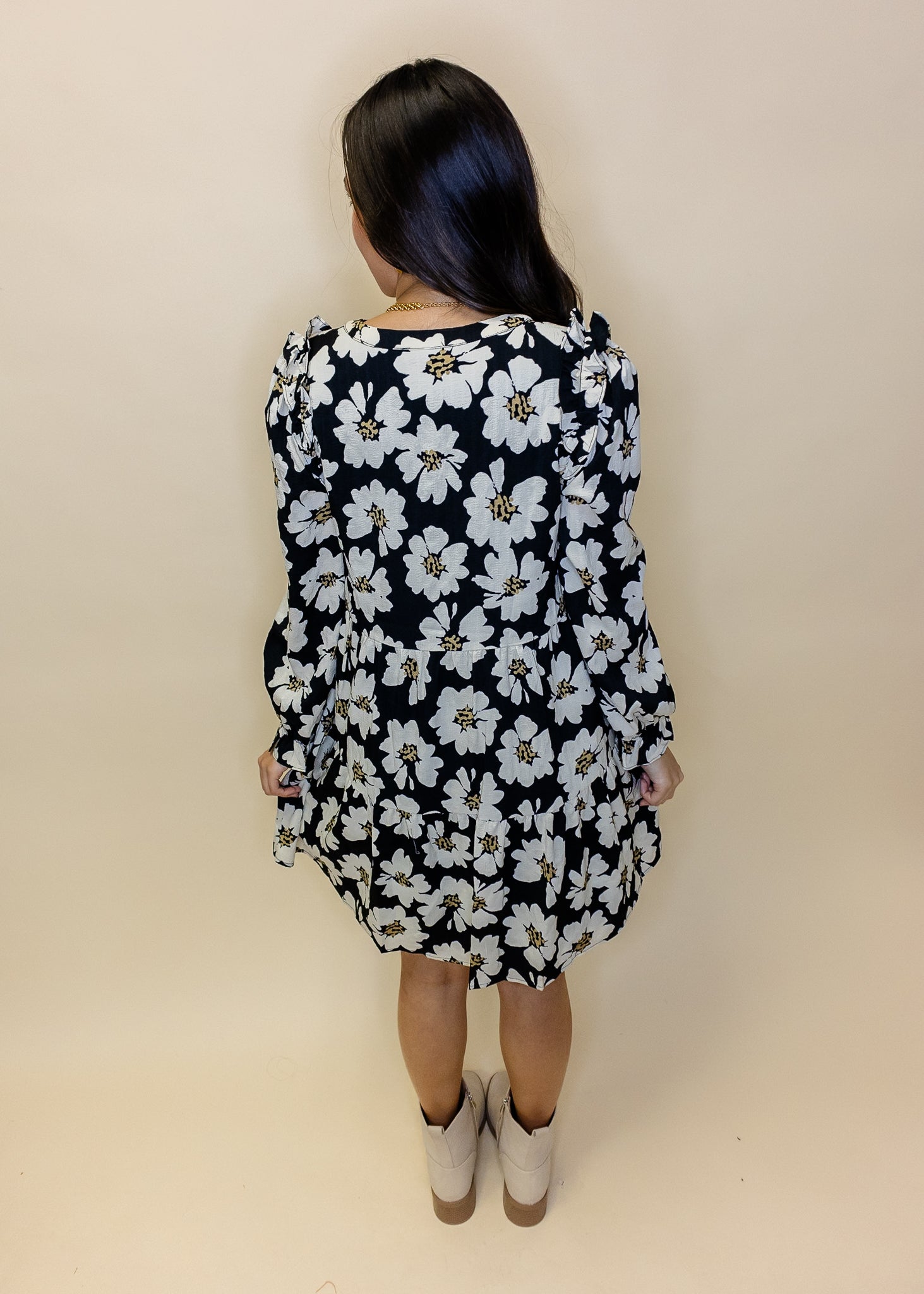 Black Floral Tie Tiered Dress