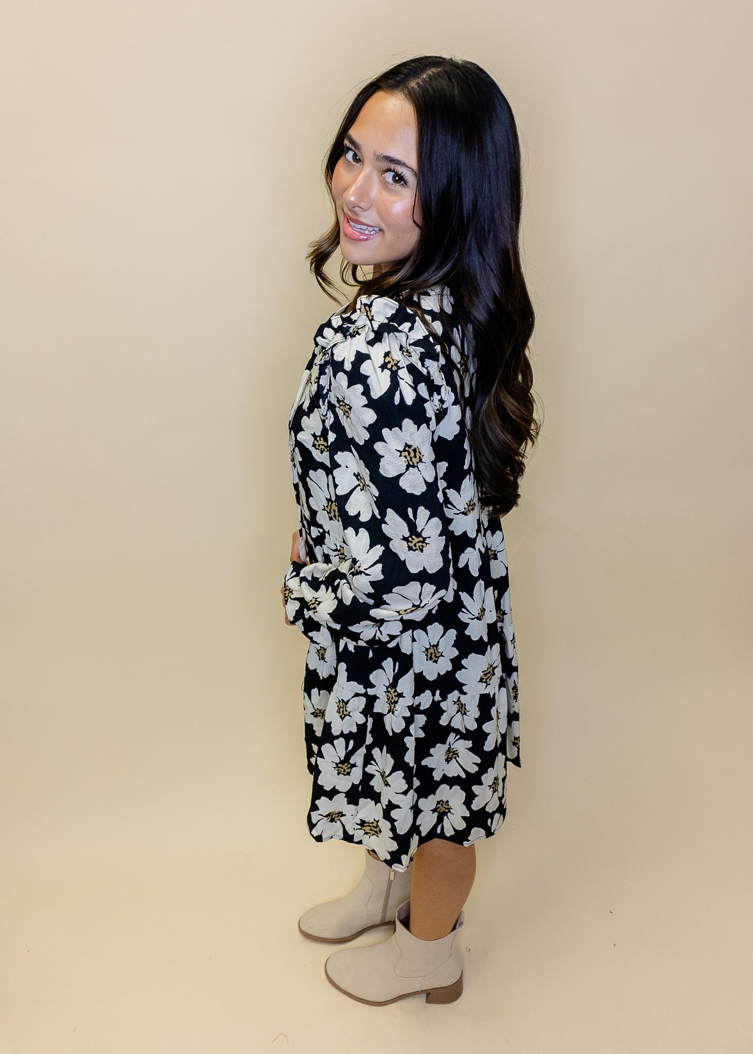 Black Floral Tie Tiered Dress