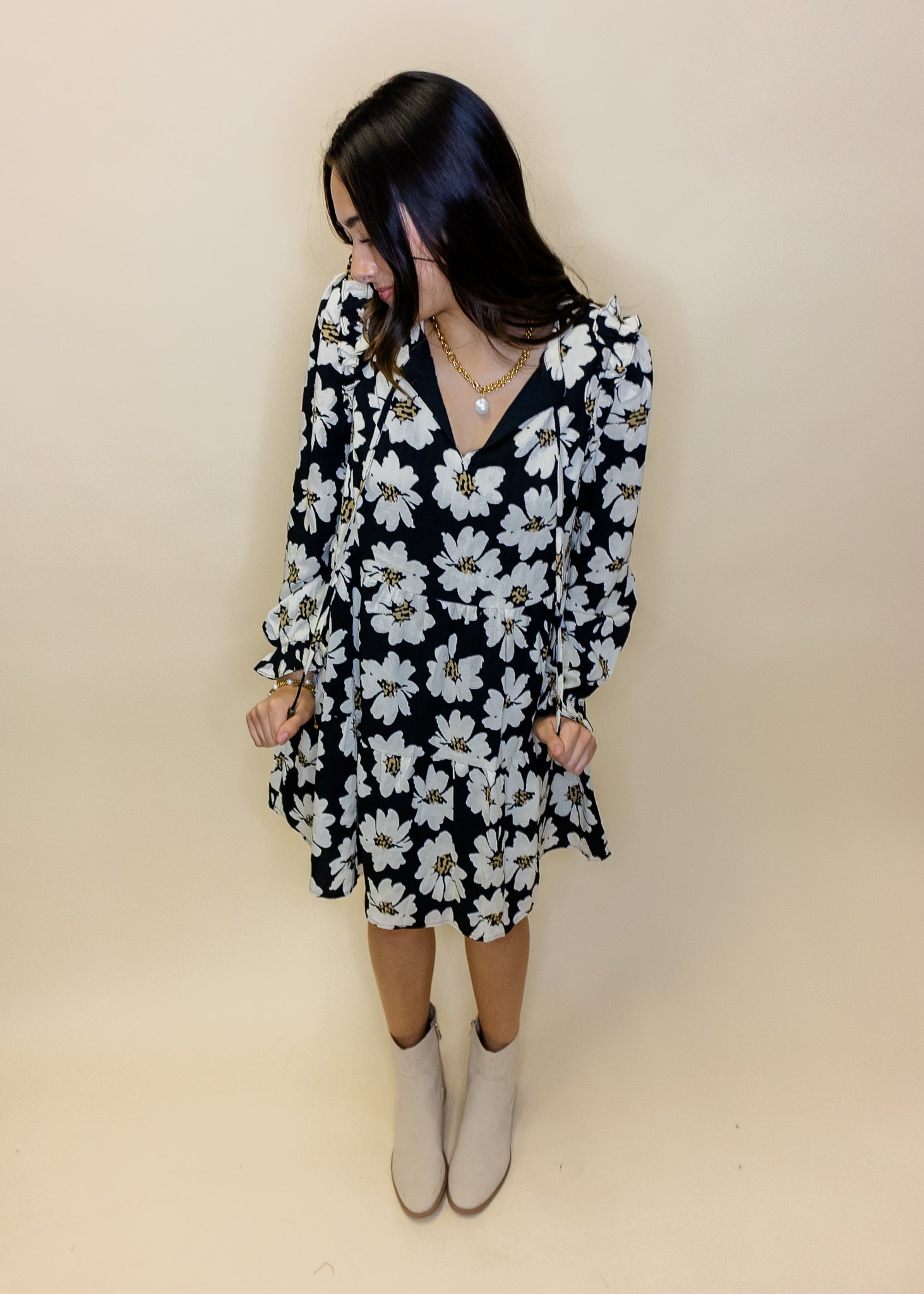 Black Floral Tie Tiered Dress