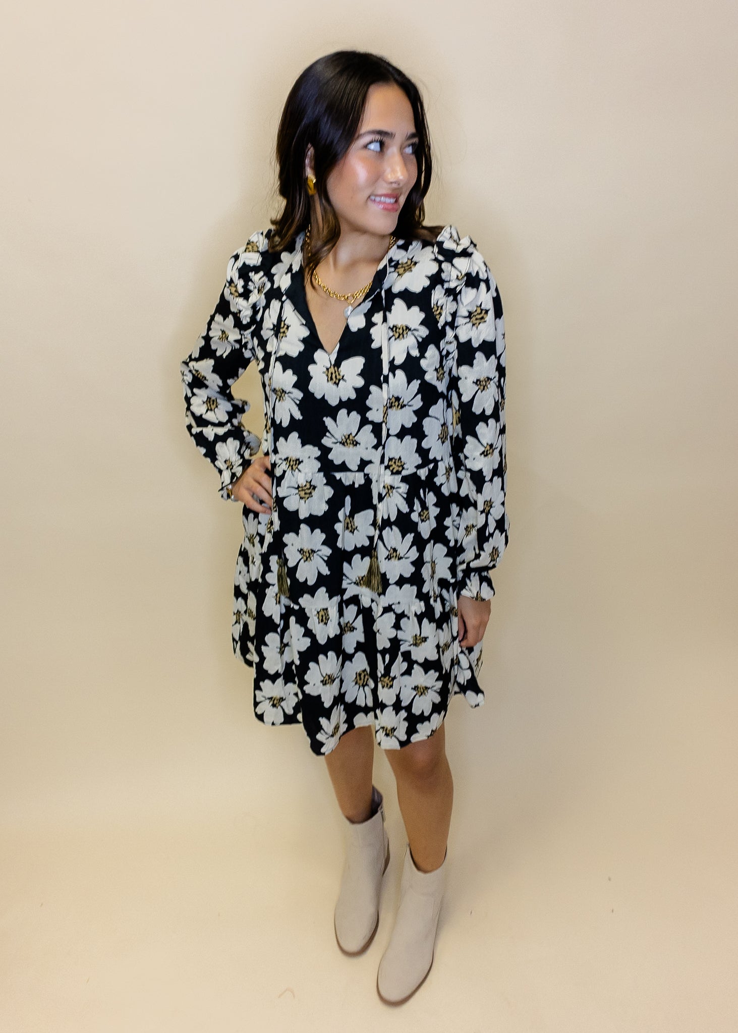 Black Floral Tie Tiered Dress