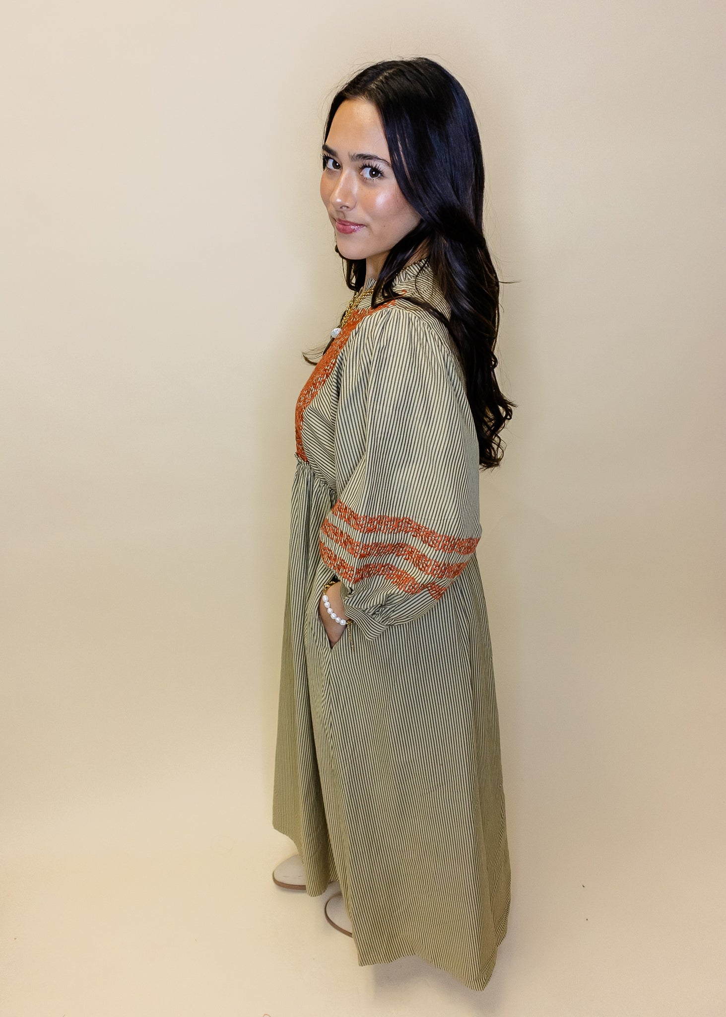 Taupe Embroidered Stripe Midi Dress