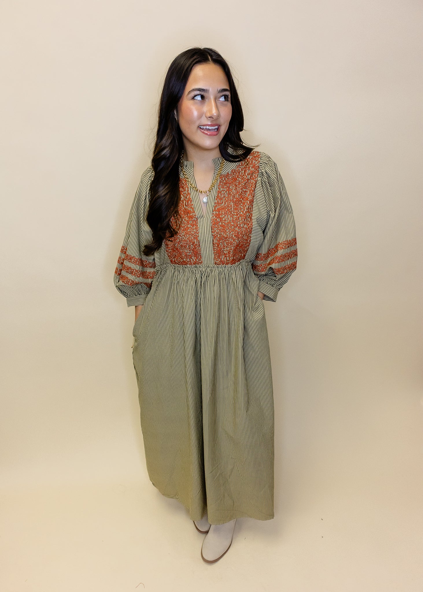 Taupe Embroidered Stripe Midi Dress