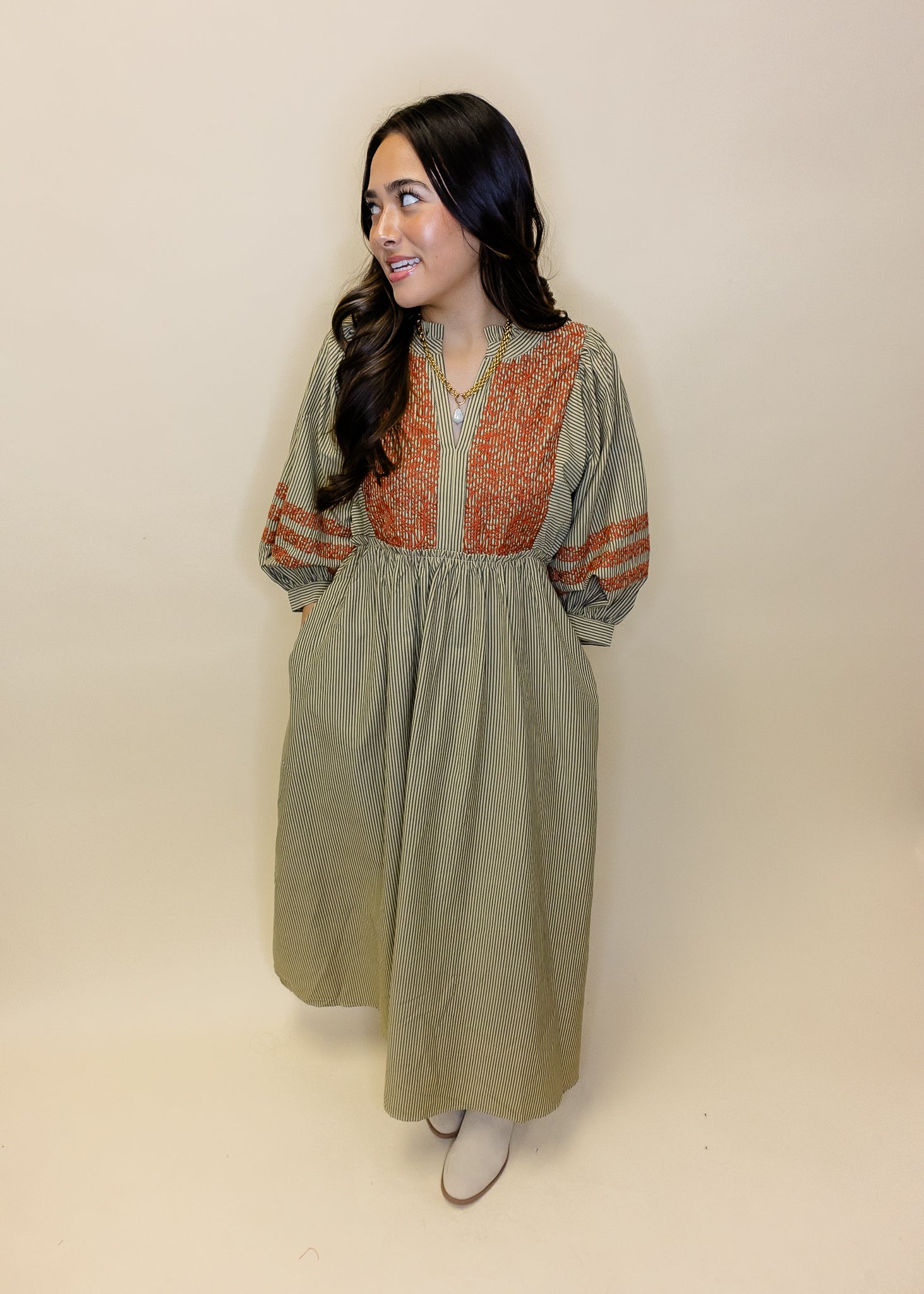 Taupe Embroidered Stripe Midi Dress