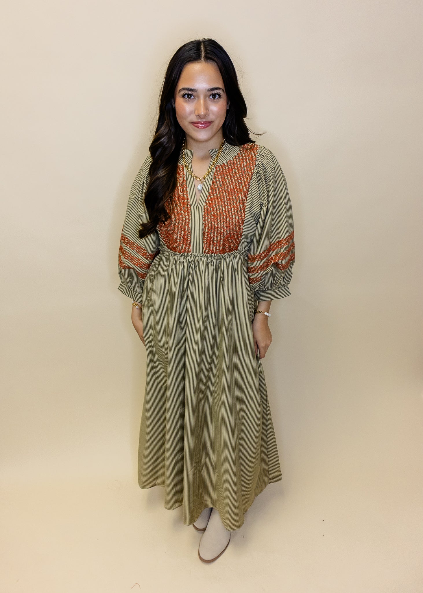 Taupe Embroidered Stripe Midi Dress