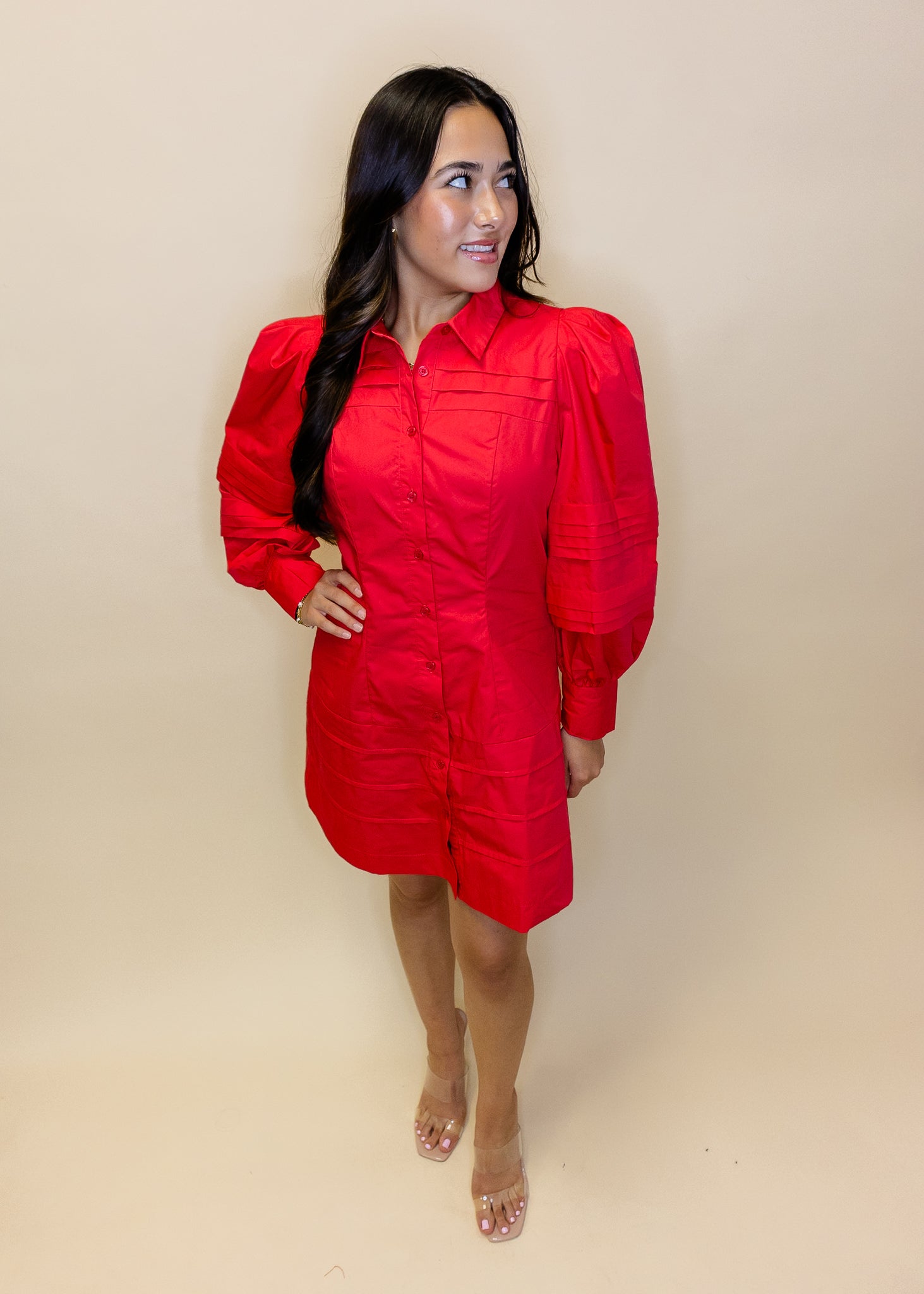 Red Pintuck Button Dress
