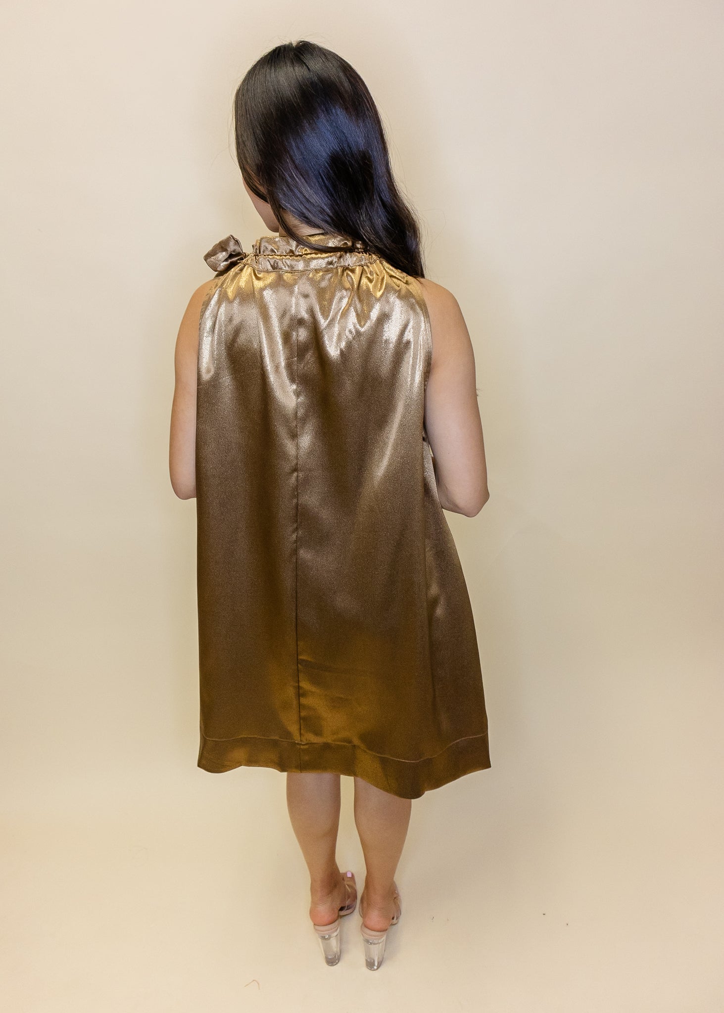 Gold Metallic Tie Neck Dress