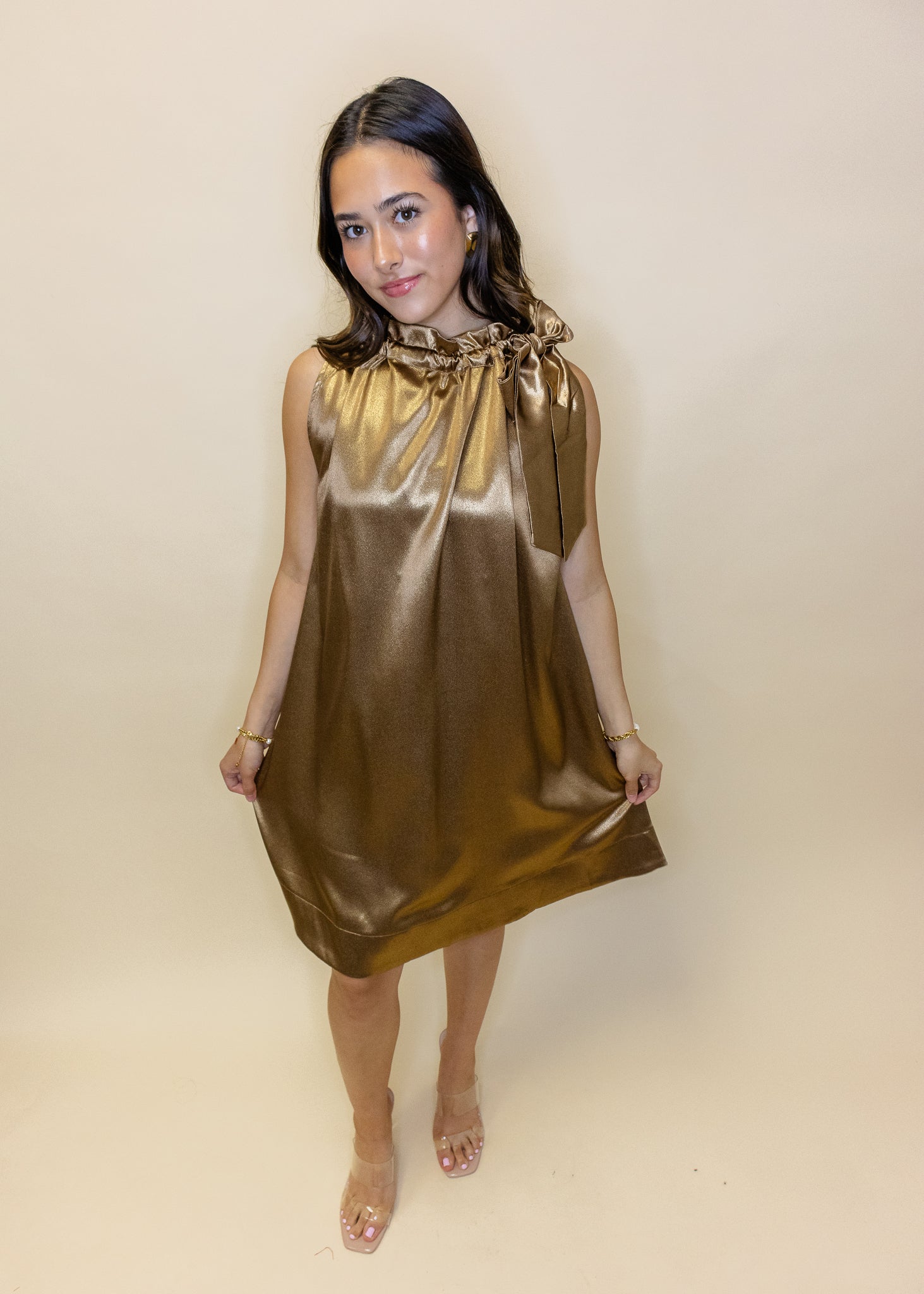 Gold Metallic Tie Neck Dress