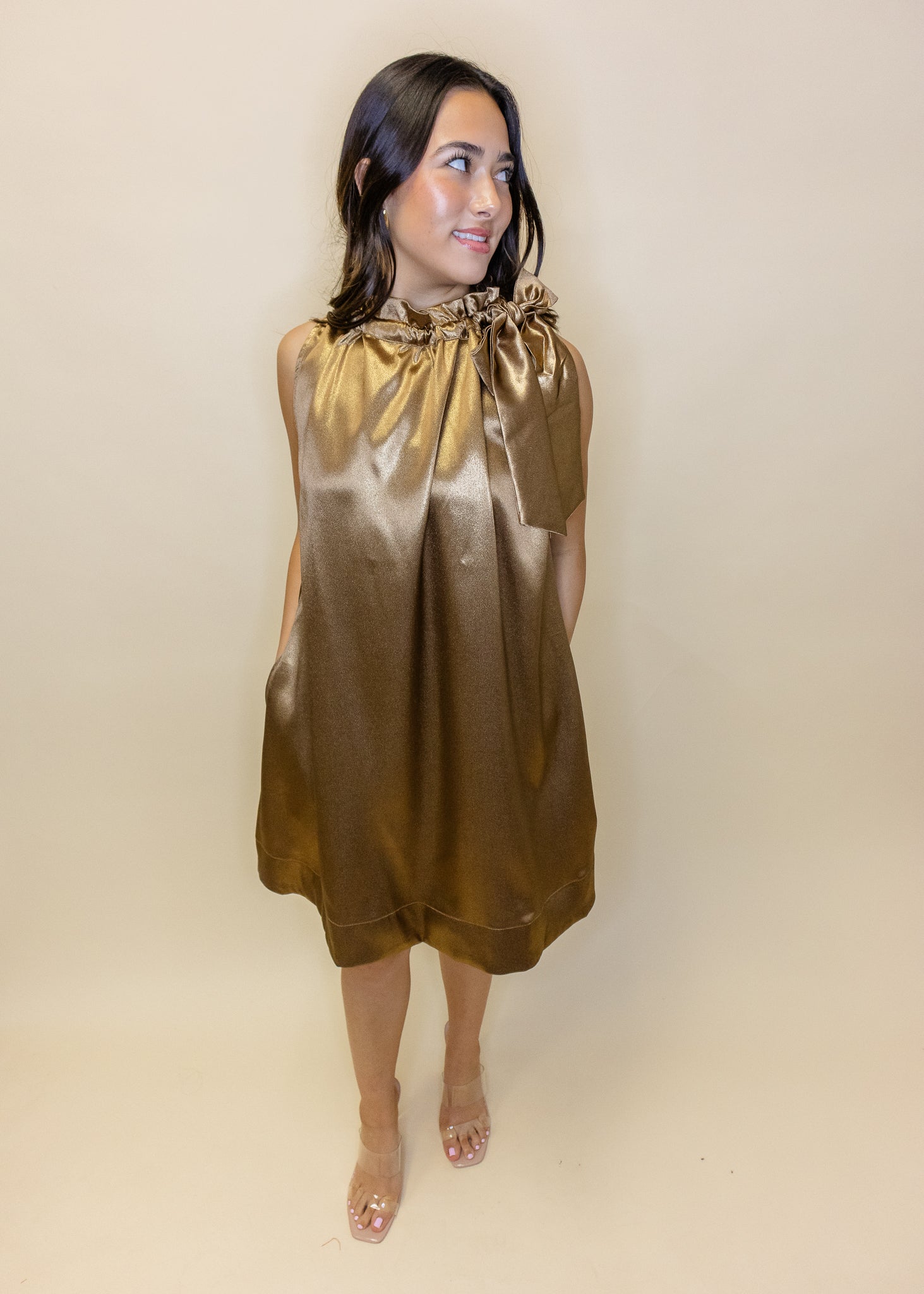 Gold Metallic Tie Neck Dress