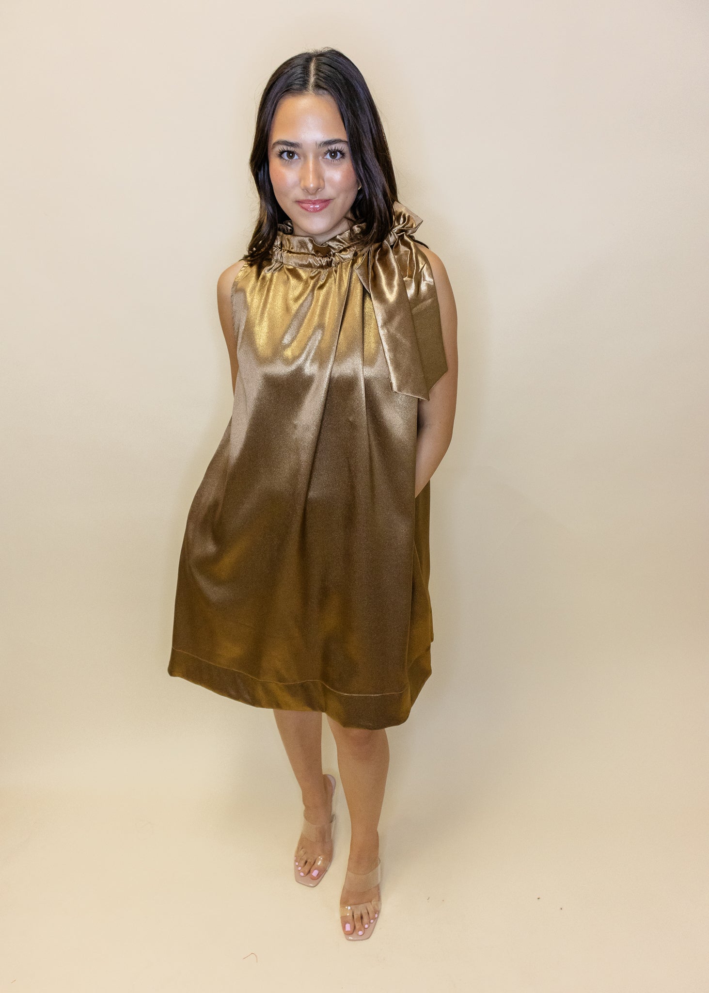Gold Metallic Tie Neck Dress