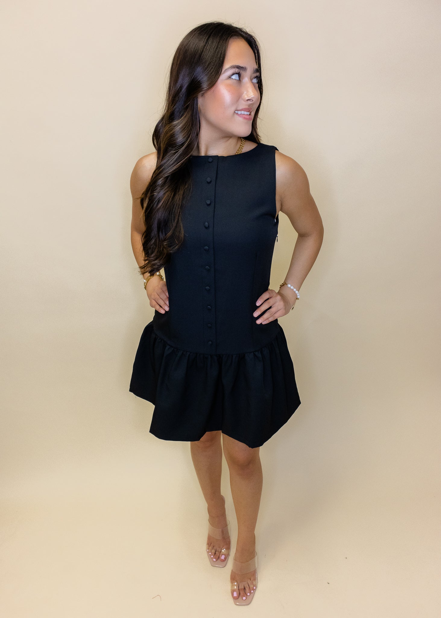 Black Sleeveless Button Dress