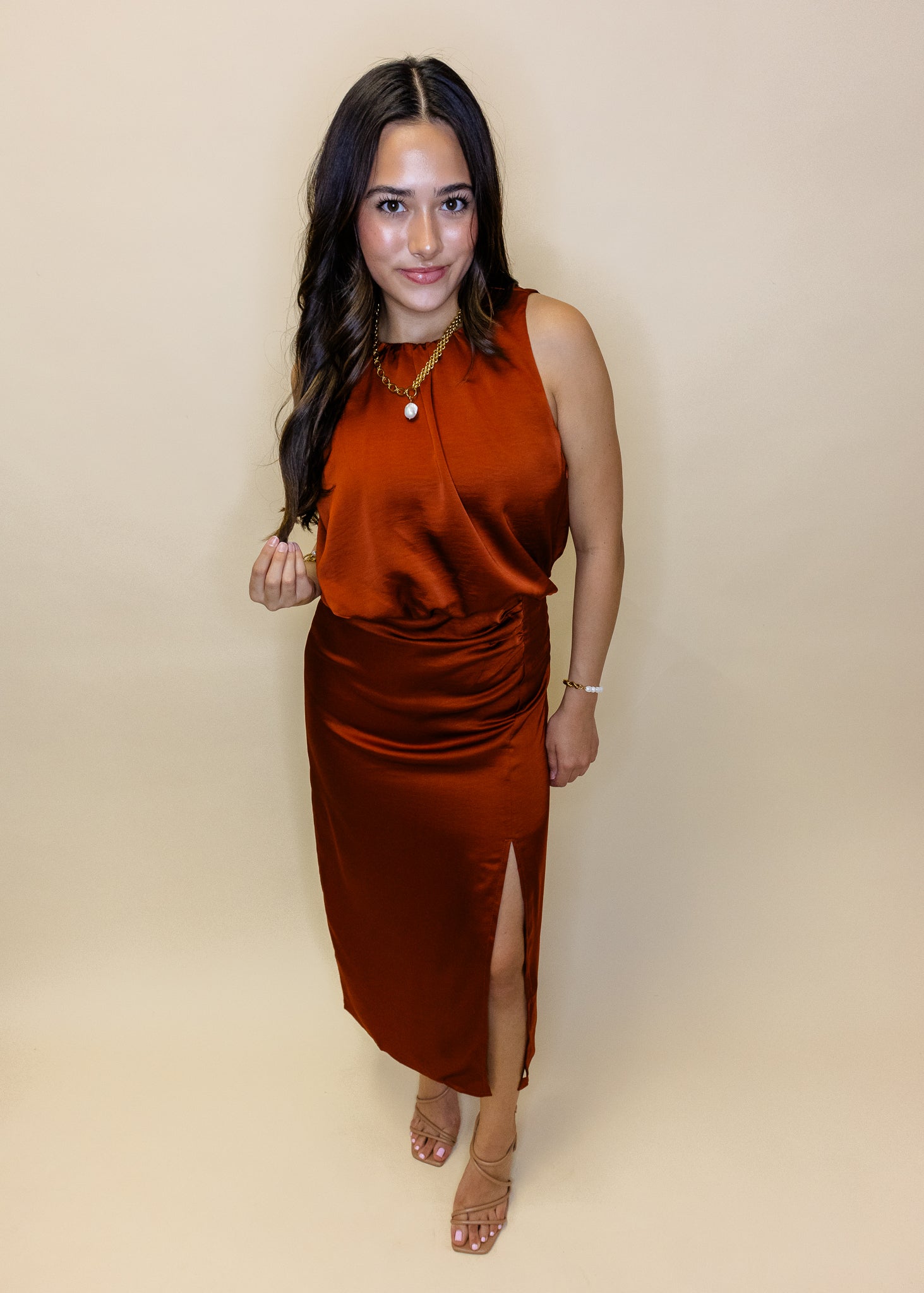 Rust Satin Slit Midi Dress