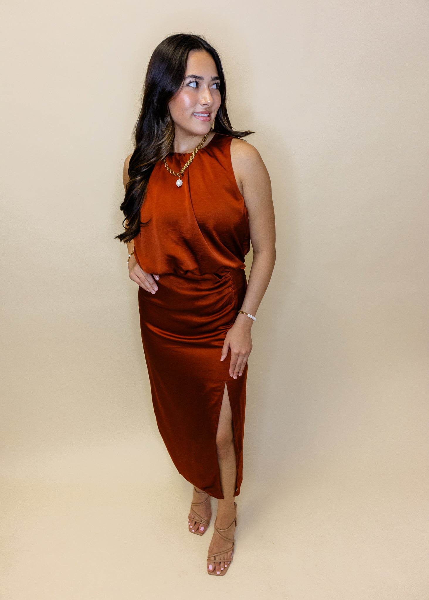 Rust Satin Slit Midi Dress