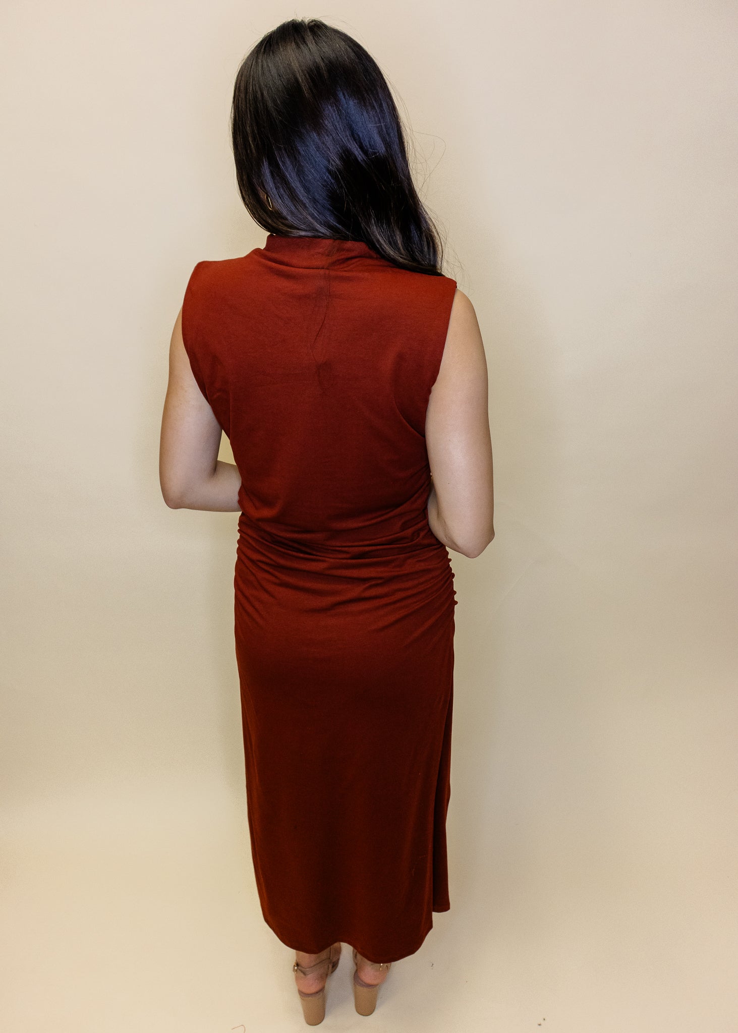 Rust Draped Knit Midi Dress