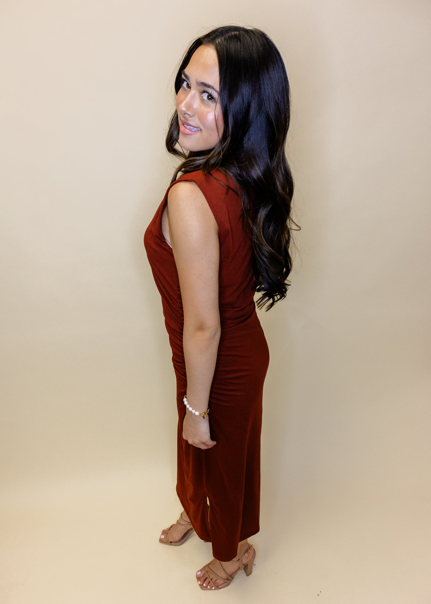 Rust Draped Knit Midi Dress