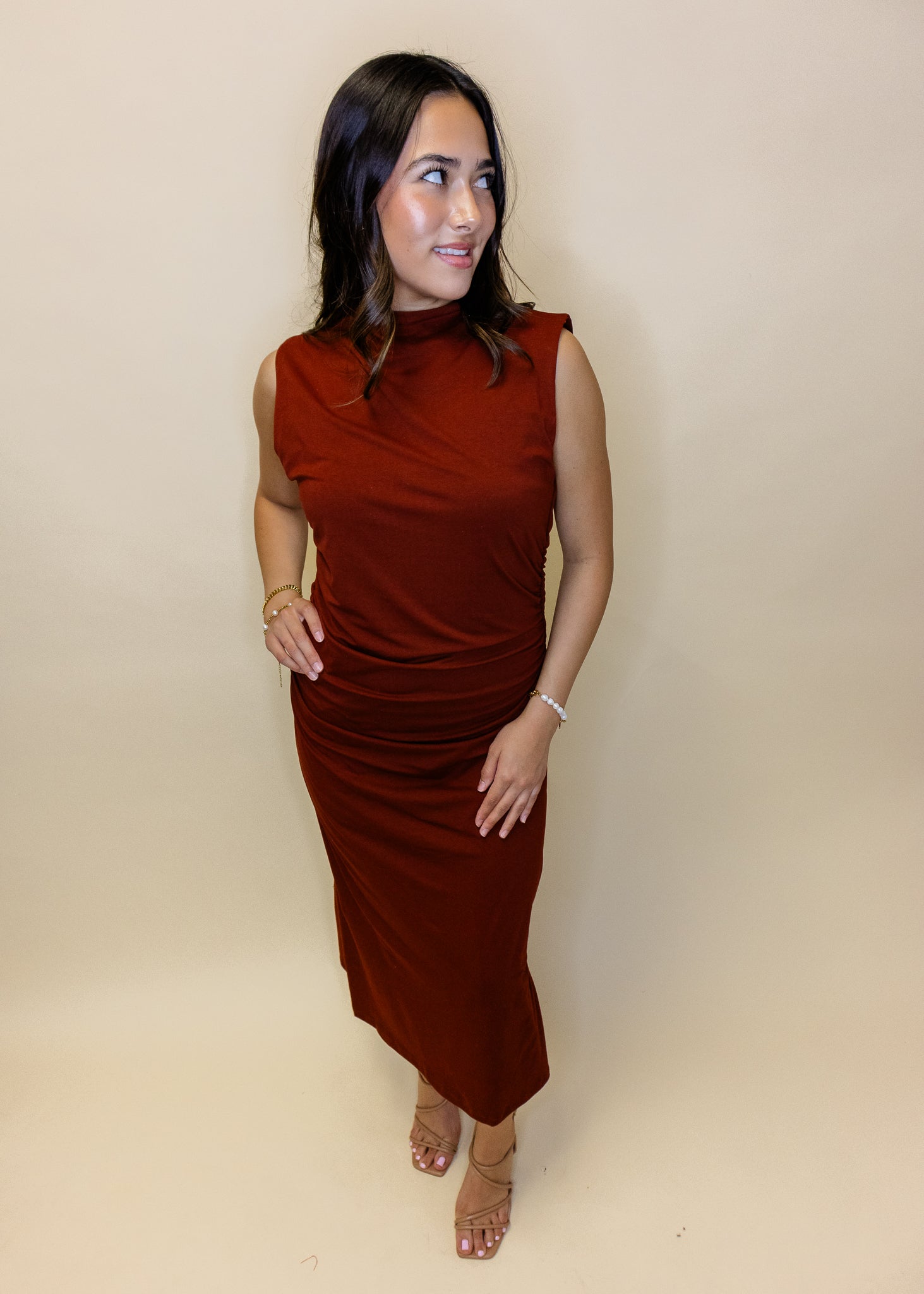 Rust Draped Knit Midi Dress