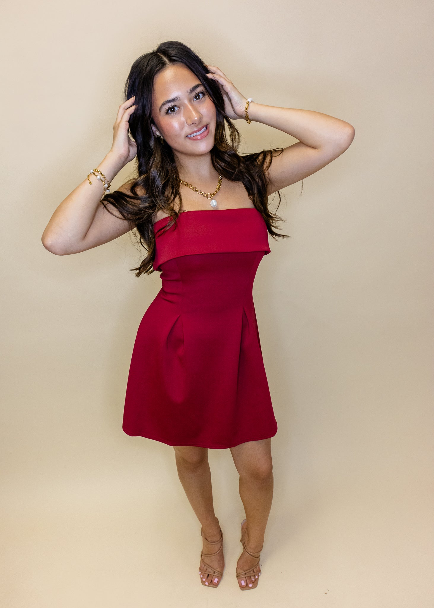 Maroon Strapless Fit & Flare Dress