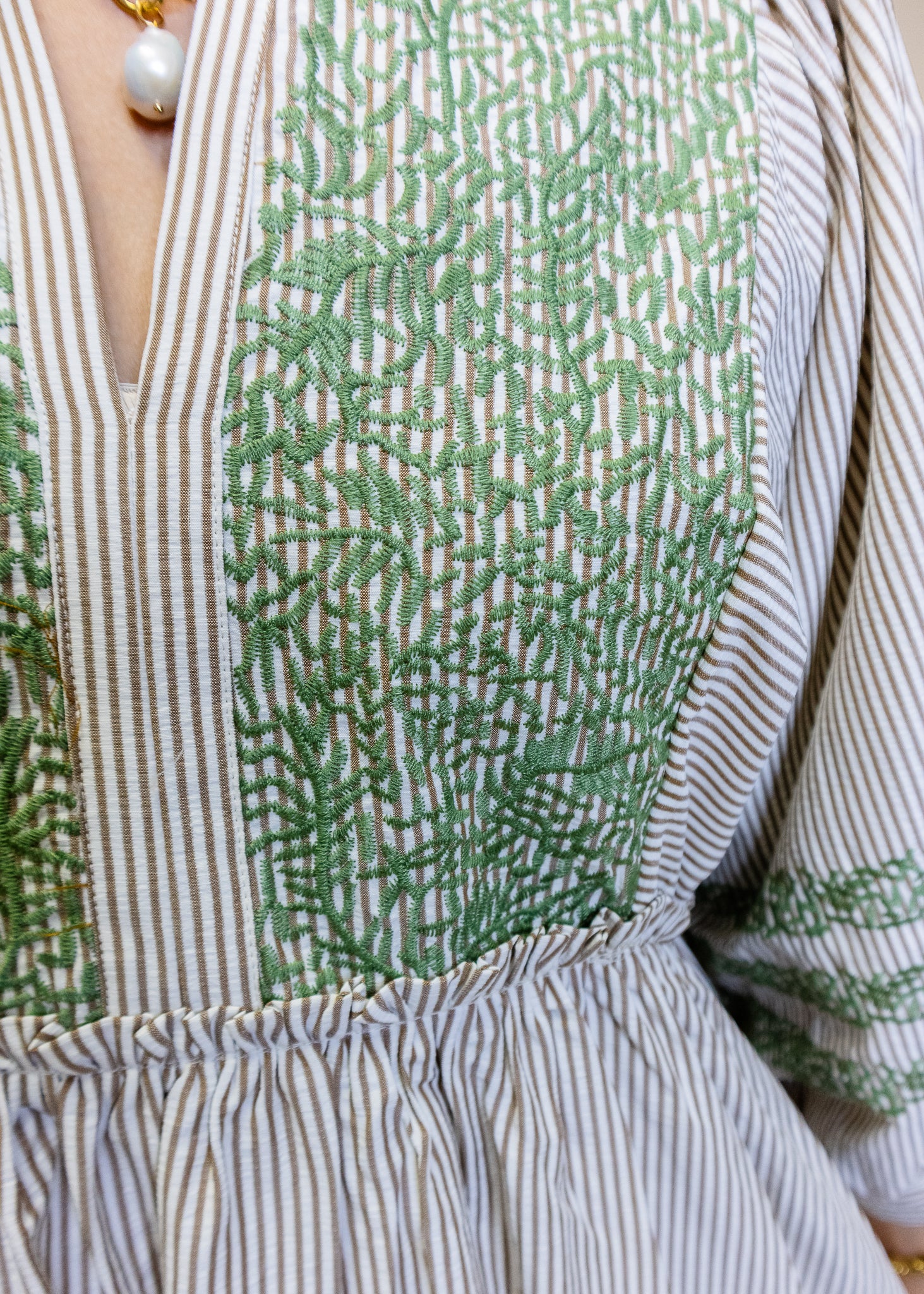 Olive Embroidered Stripe Midi Dress