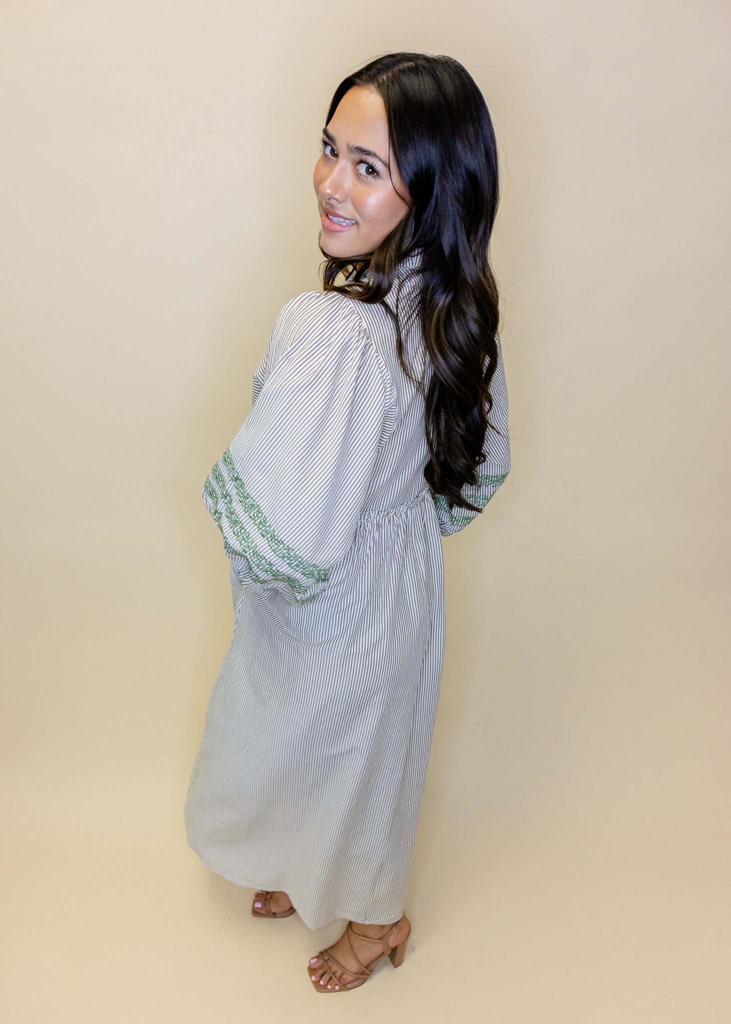 Olive Embroidered Stripe Midi Dress