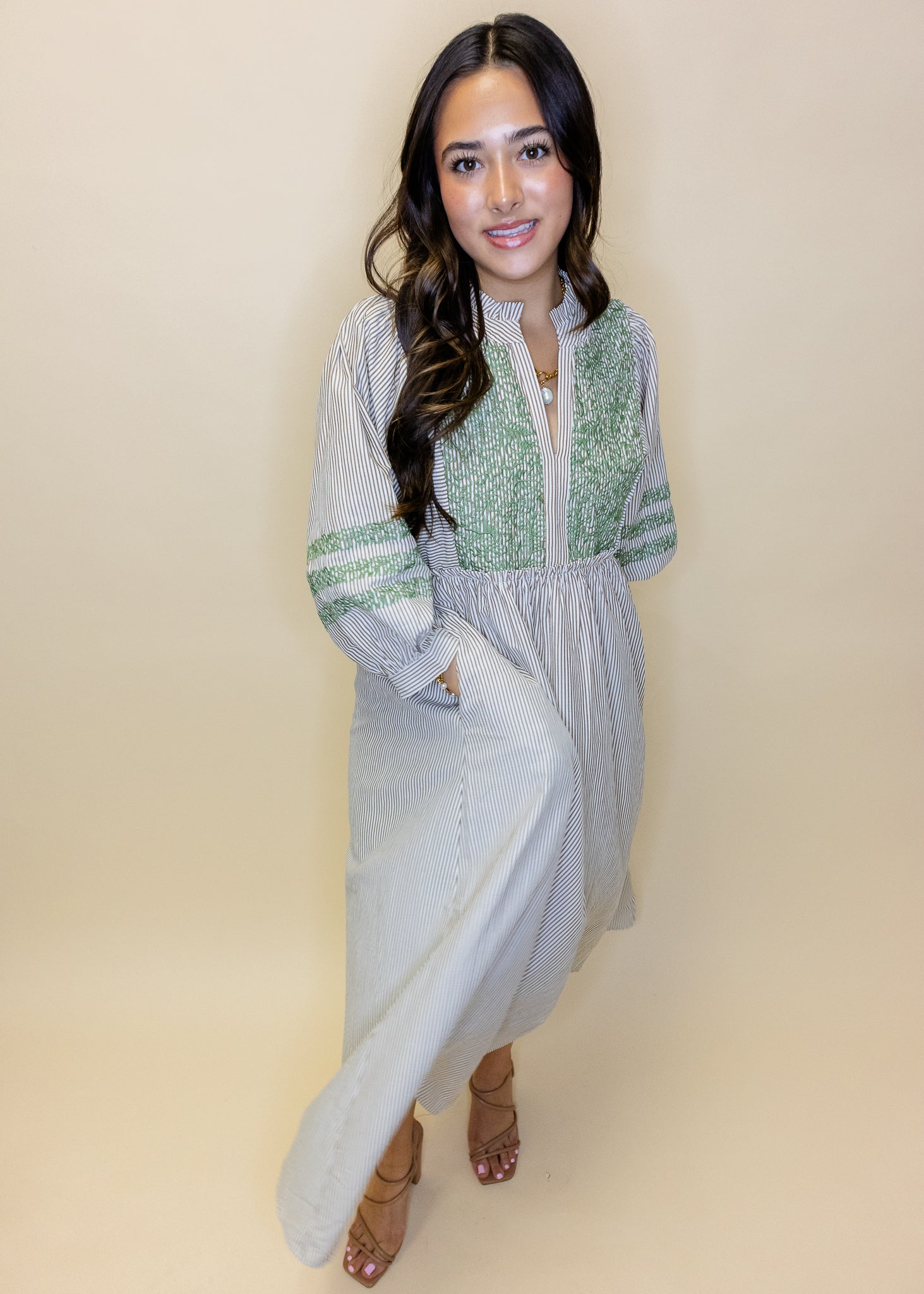 Olive Embroidered Stripe Midi Dress