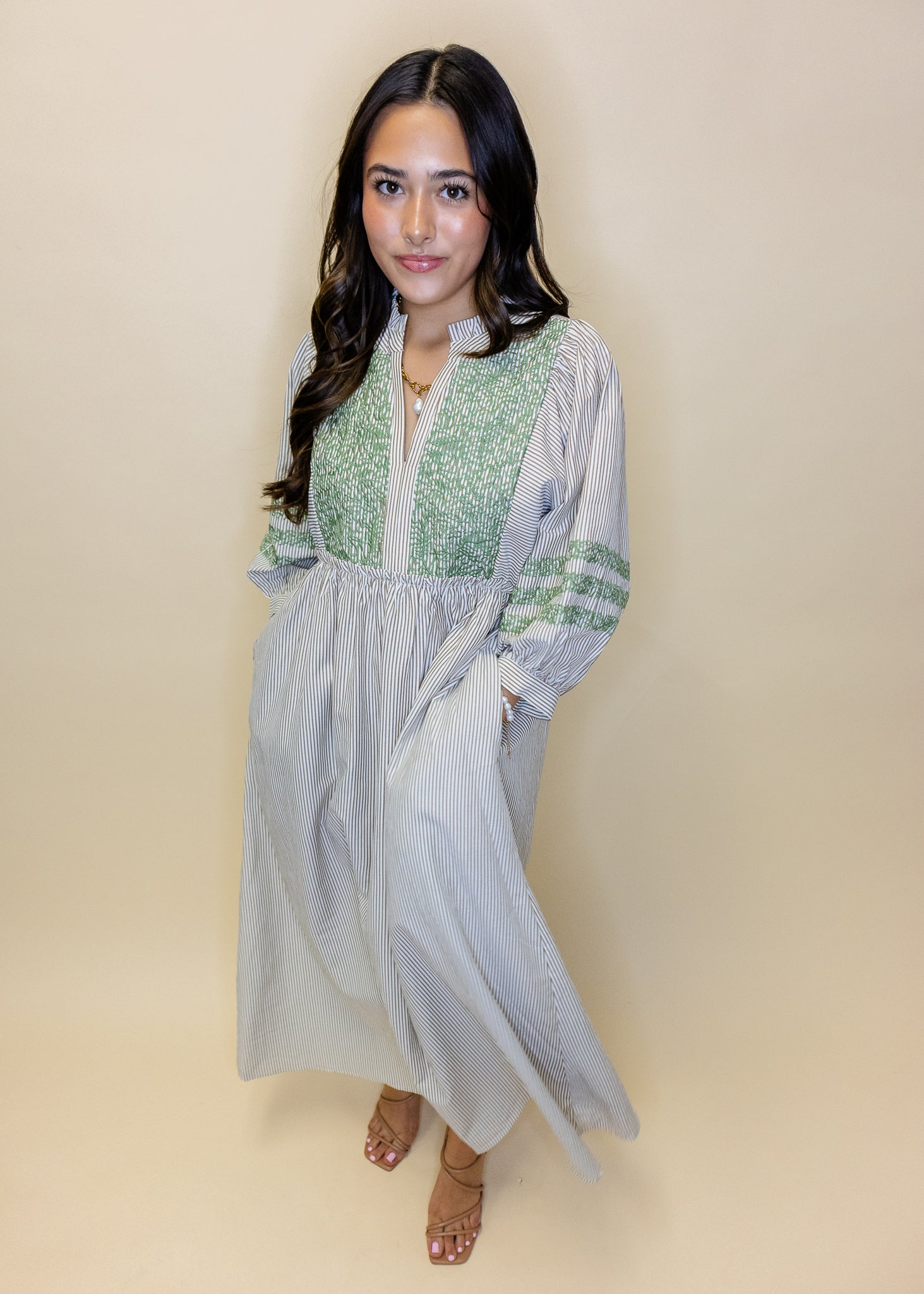 Olive Embroidered Stripe Midi Dress