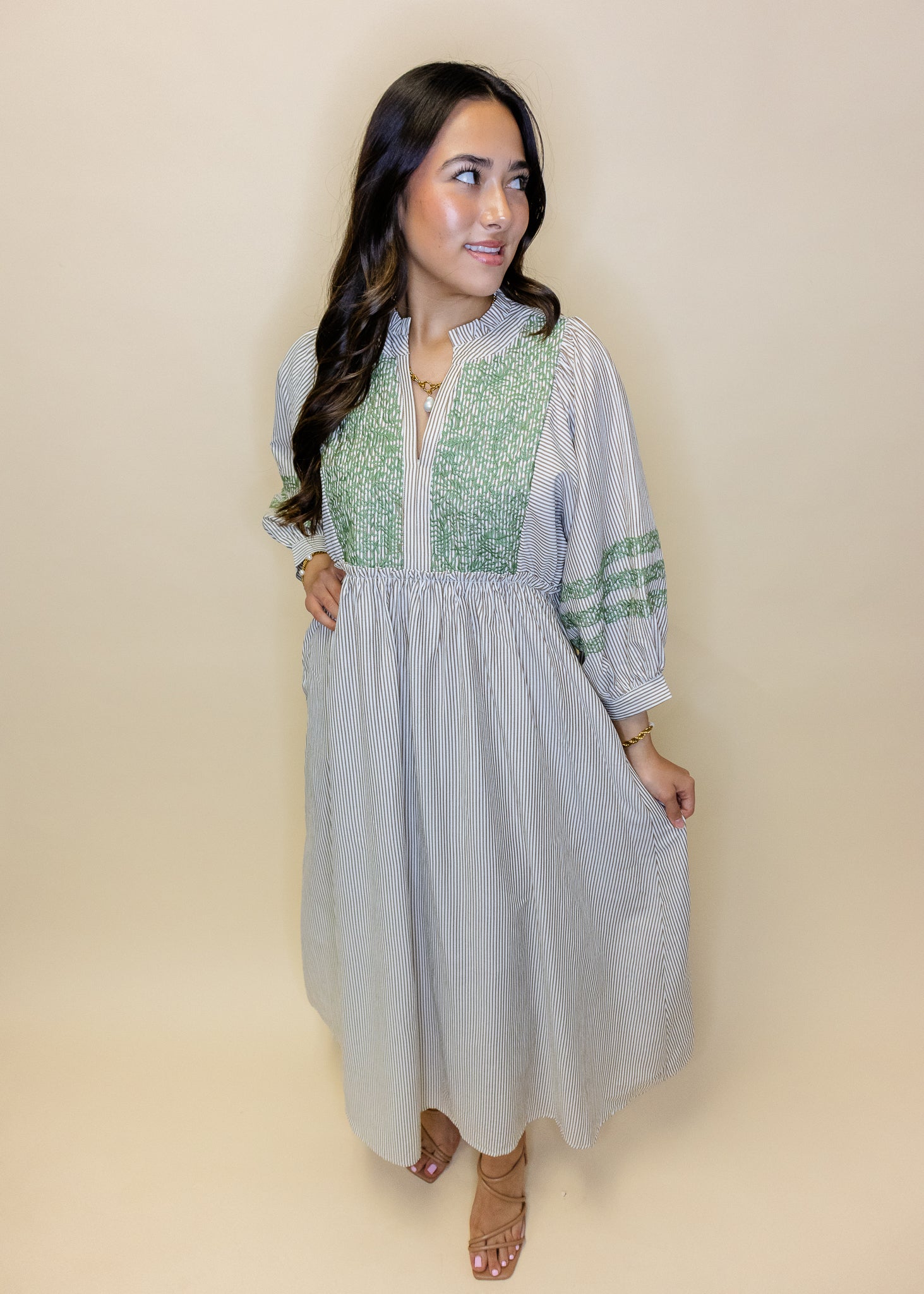 Olive Embroidered Stripe Midi Dress