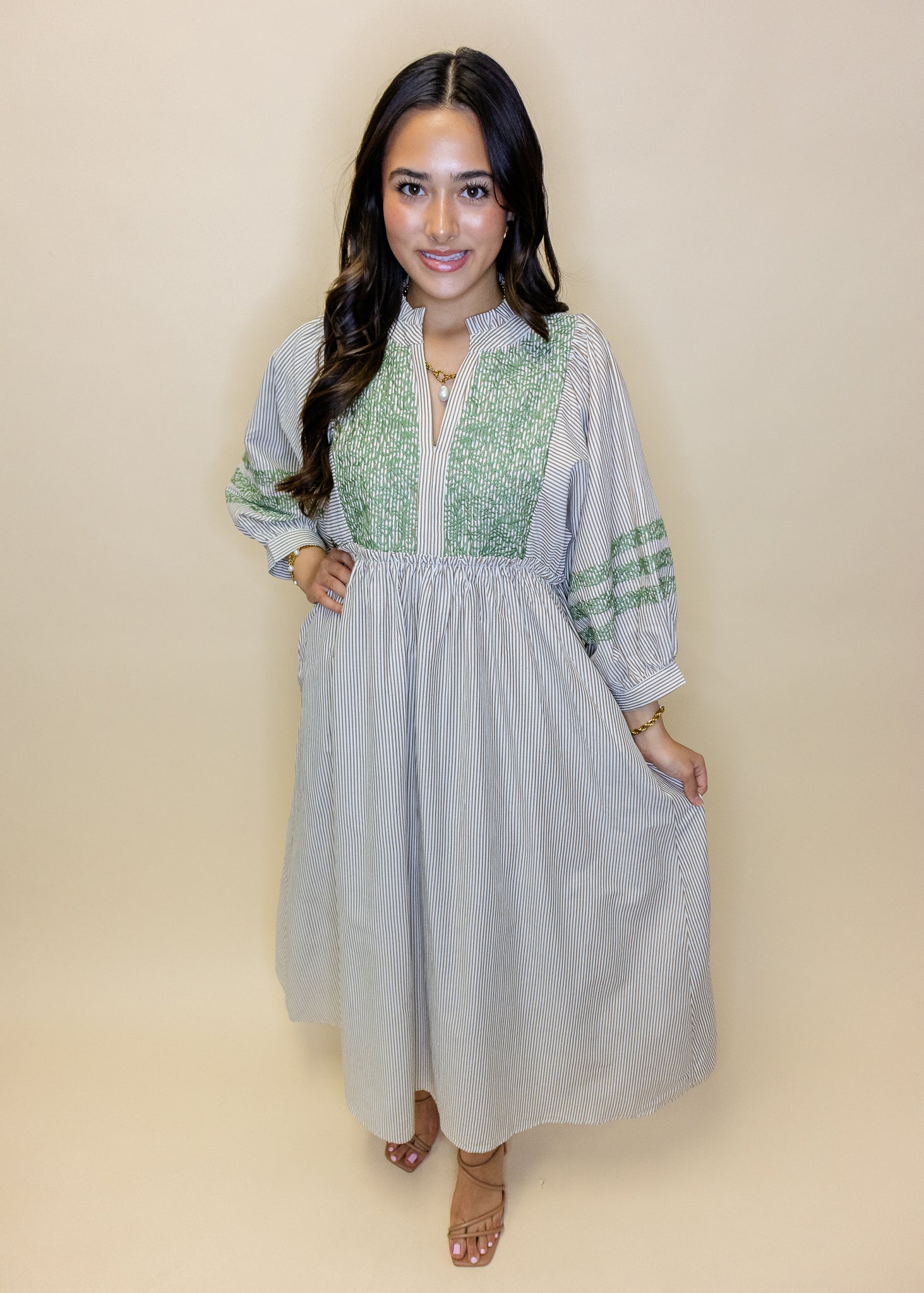 Olive Embroidered Stripe Midi Dress