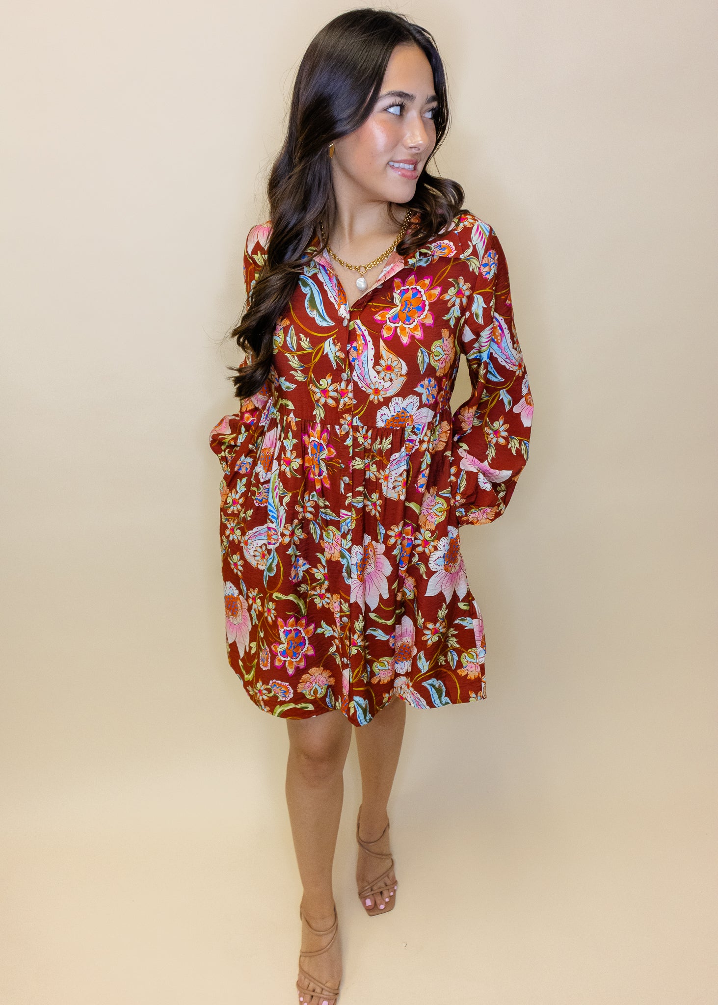 Rust Floral Paisley Button Dress