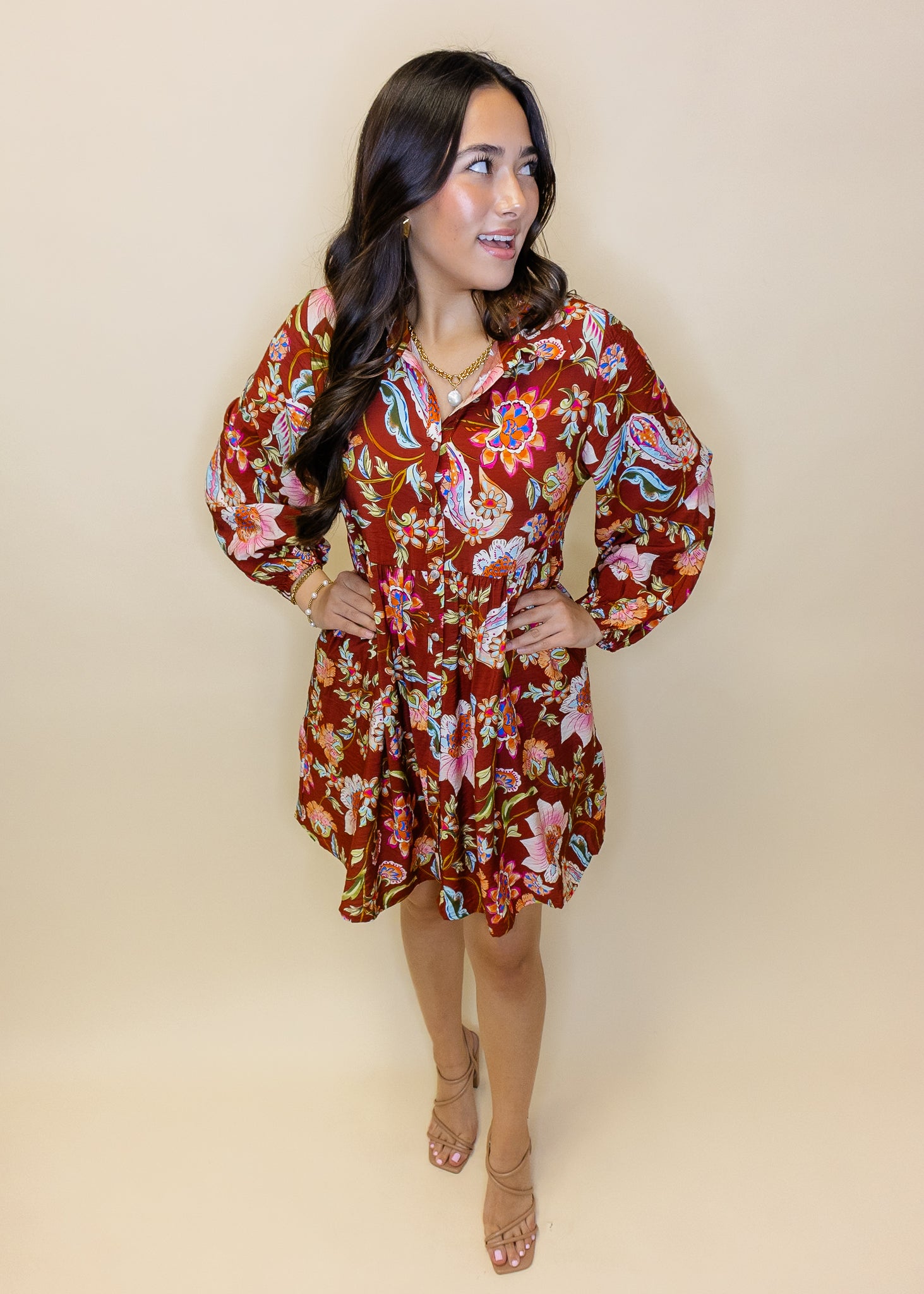 Rust Floral Paisley Button Dress
