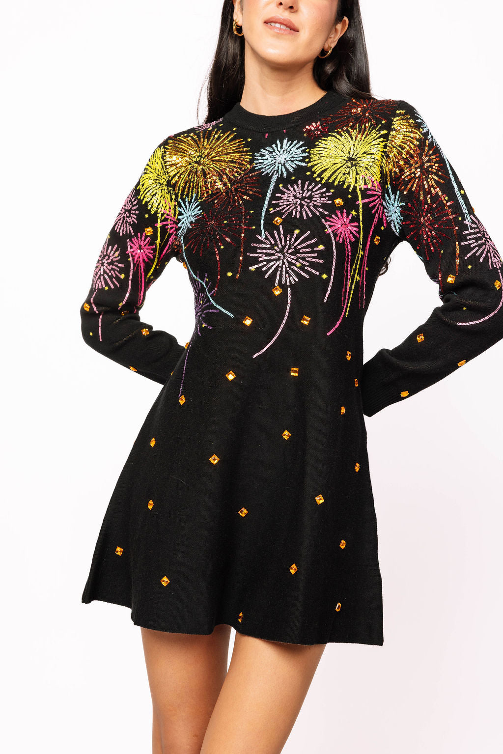 Black Multi Rainbow Firework Jeweled Sweater Dress