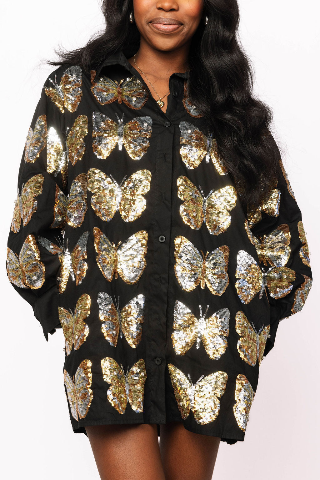 Black & Gold Sequin Butterfly Cotton Button Up Dress