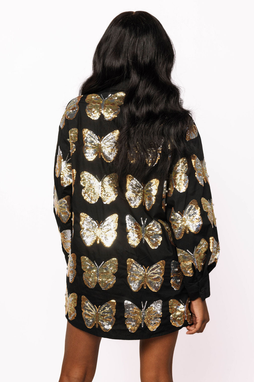 Black & Gold Sequin Butterfly Cotton Button Up Dress