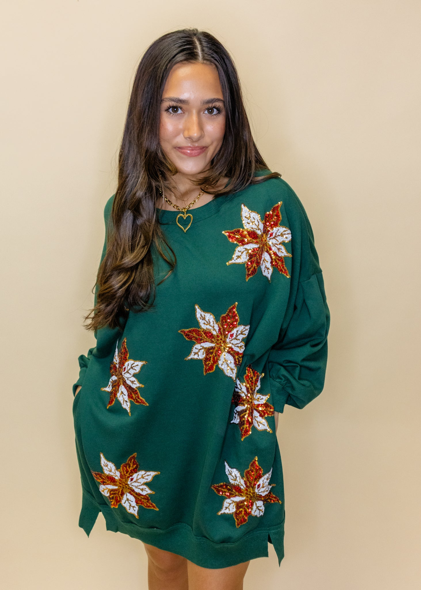 Green Sequin Poinsettia Sweater Dress
