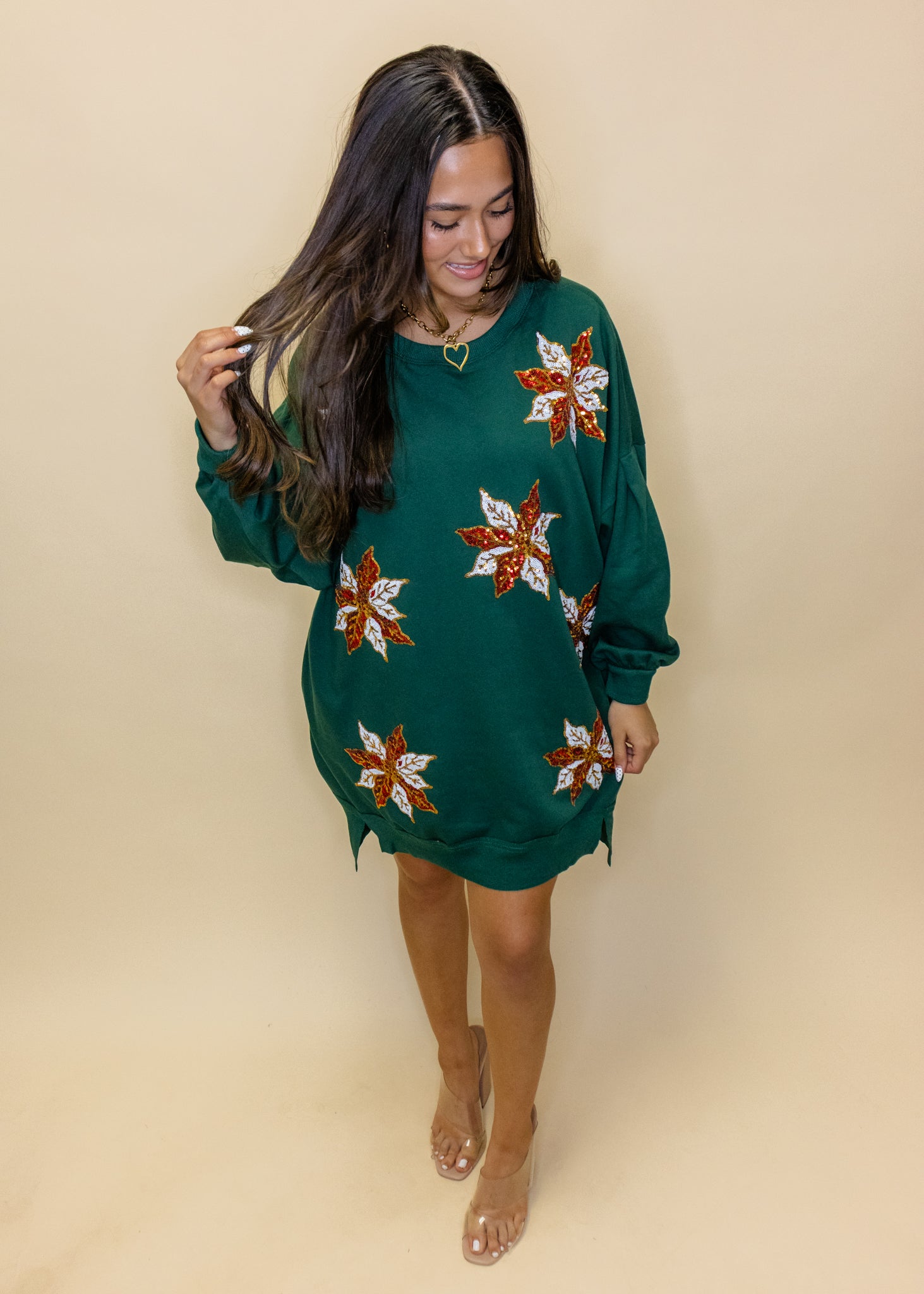 Green Sequin Poinsettia Sweater Dress