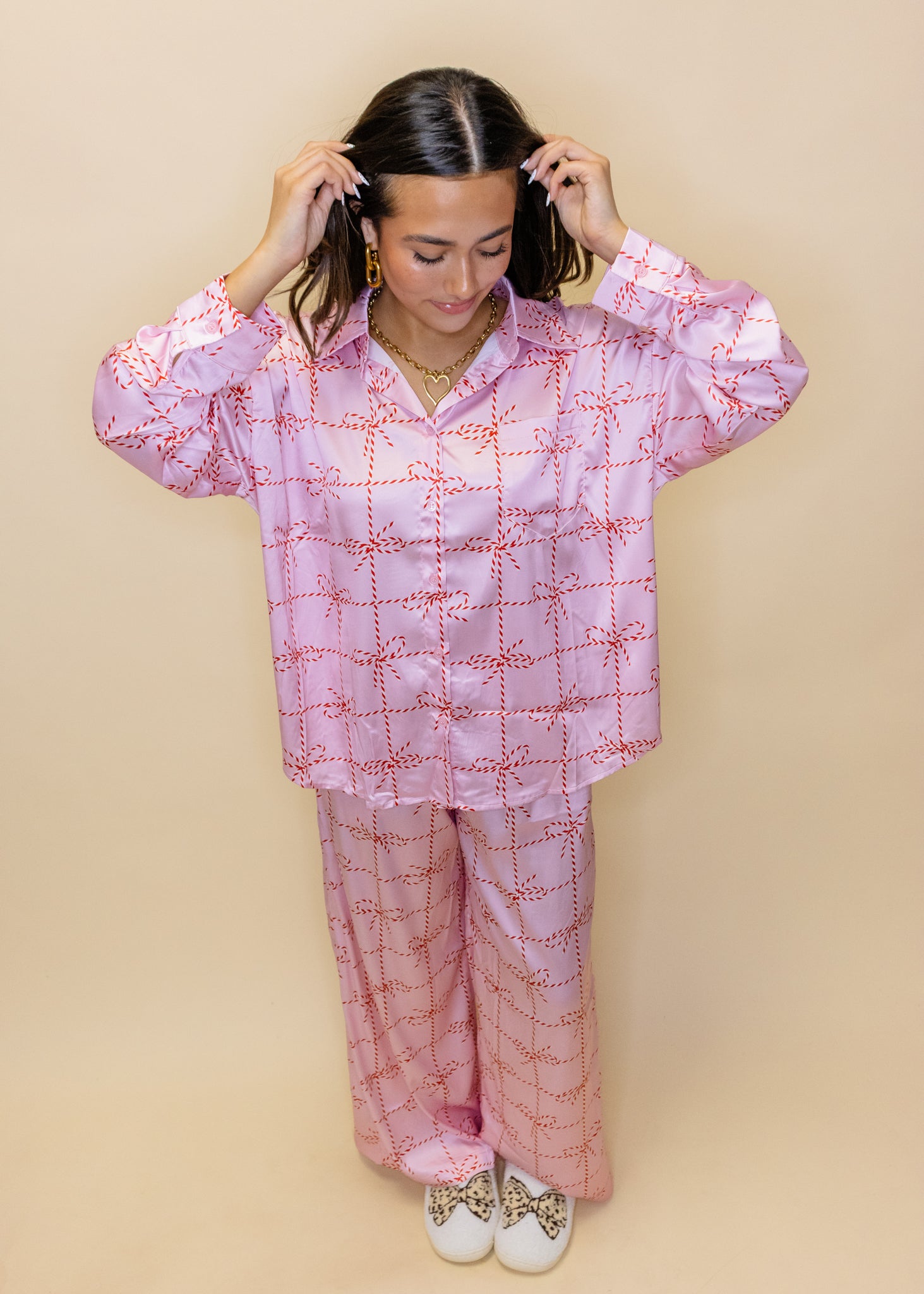 Pink Satin Stripe Bow Pajamas