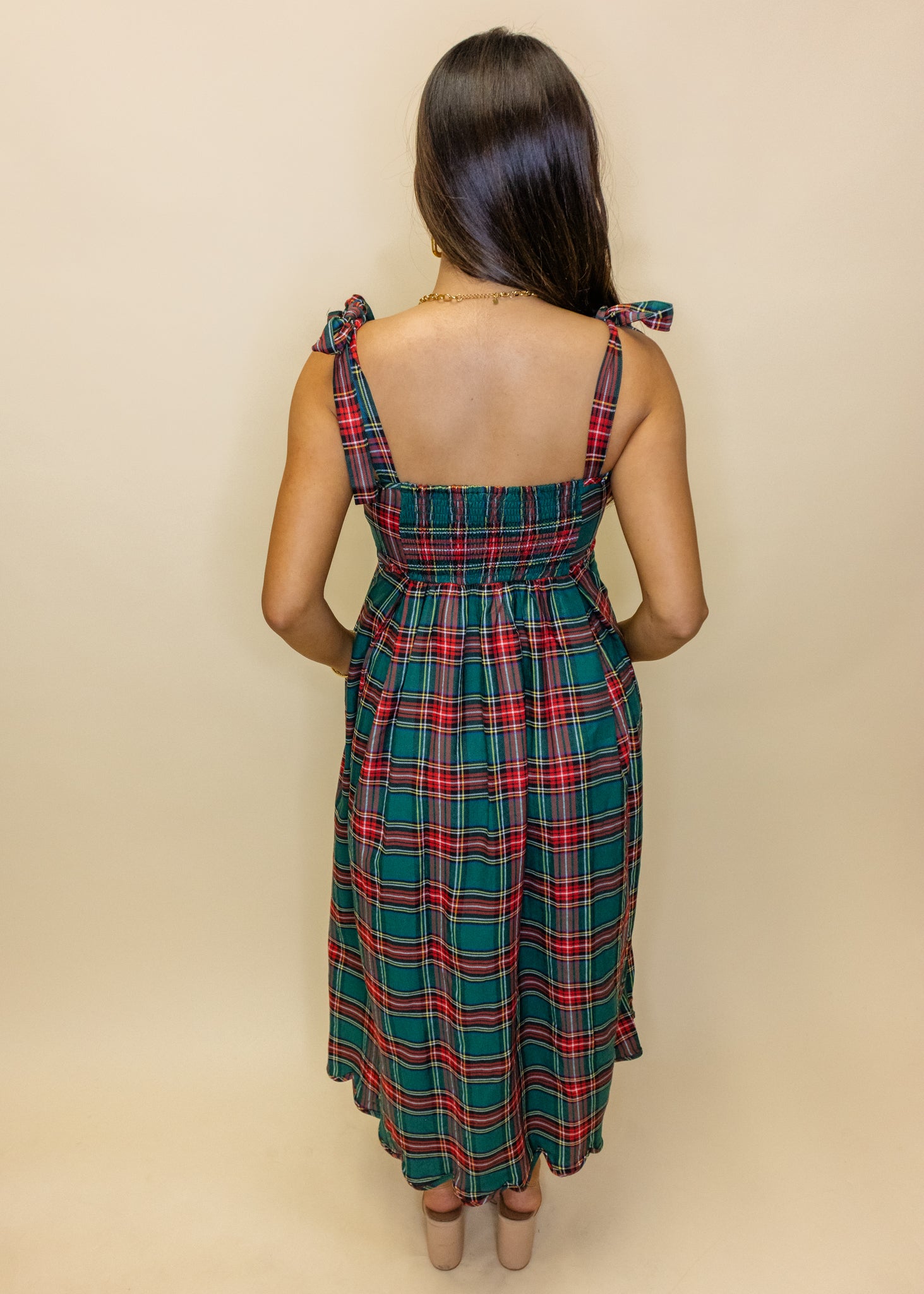 Green Plaid Scallop Accent Midi Dress