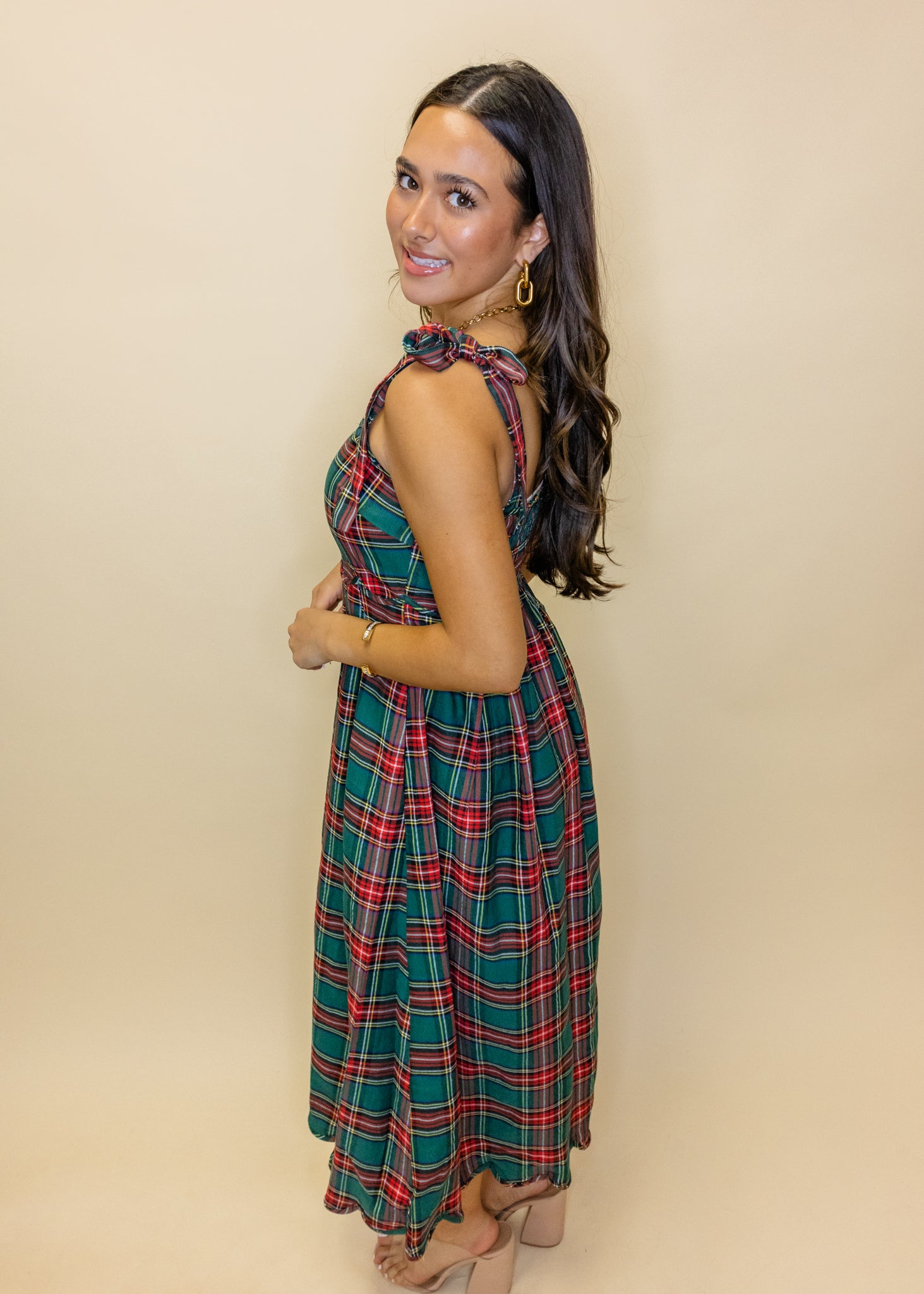 Green Plaid Scallop Accent Midi Dress