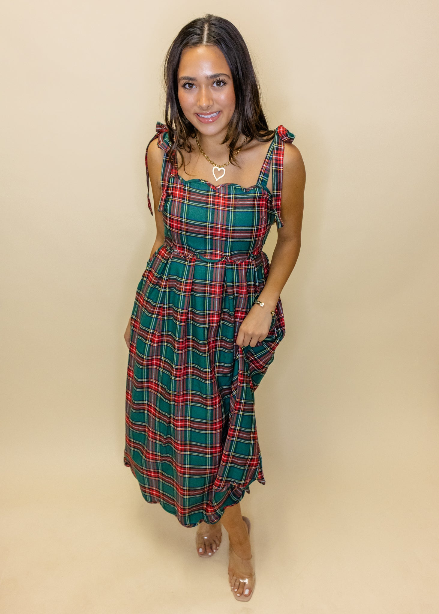 Green Plaid Scallop Accent Midi Dress